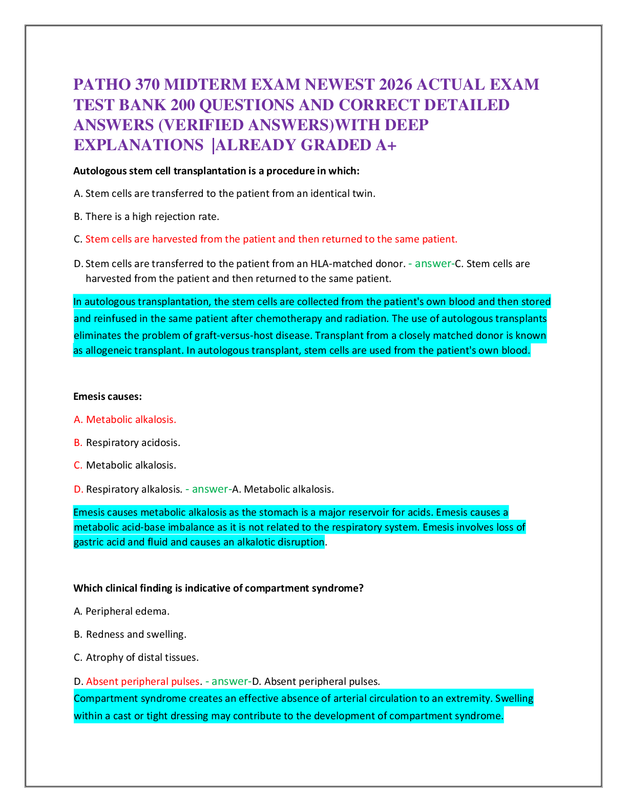 Recommended document preview for PATHO 370 MIDTERM EXAM NEWEST 2026 ACTUAL EXAM   TEST BANK 200 QUESTIONS AND CORRECT DETAILED   ANSWERS (VERIFIED ANSWERS)WITH DEEP  EXPLANATIONS  |ALREADY GRADED A+