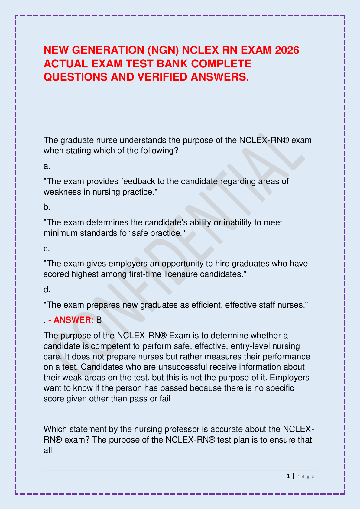 Recommended document preview for NEW GENERATION (NGN) NCLEX RN EXAM 2026 ACTUAL EXAM TEST BANK COMPLETE QUESTIONS AND VERIFIED ANSWERS.