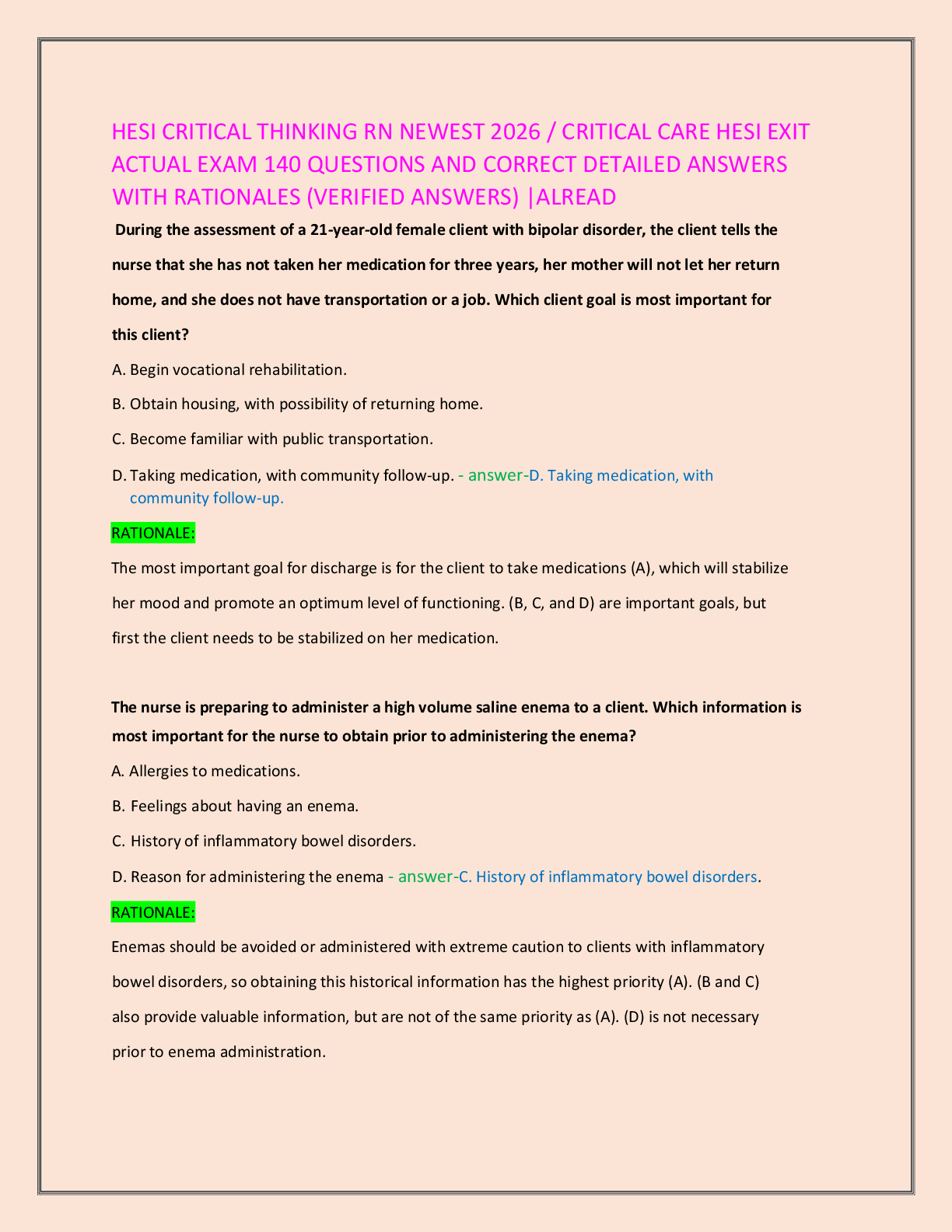HESI CRITICAL THINKING RN NEWEST 2026 / CRITICAL CARE HESI EXIT   ACTUAL EXAM 140 QUESTIONS AND CORRECT DETAILED ANSWERS  WITH RATIONALES (VERIFIED ANSWERS) |ALREAD