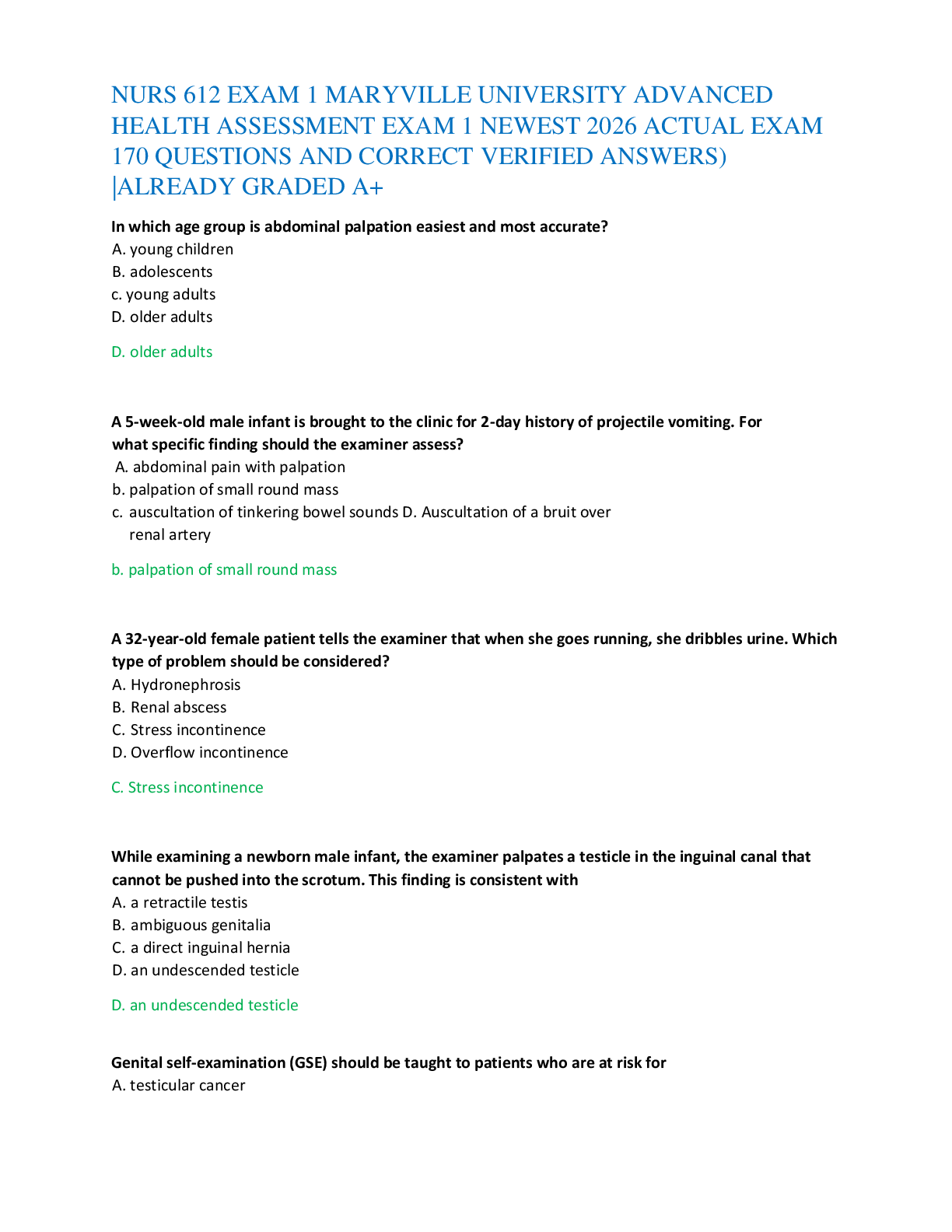 Recommended document preview for NURS 612 EXAM 1 MARYVILLE UNIVERSITY ADVANCED   HEALTH ASSESSMENT EXAM 1 NEWEST 2026 ACTUAL EXAM   170 QUESTIONS AND CORRECT VERIFIED ANSWERS)  |ALREADY GRADED A+