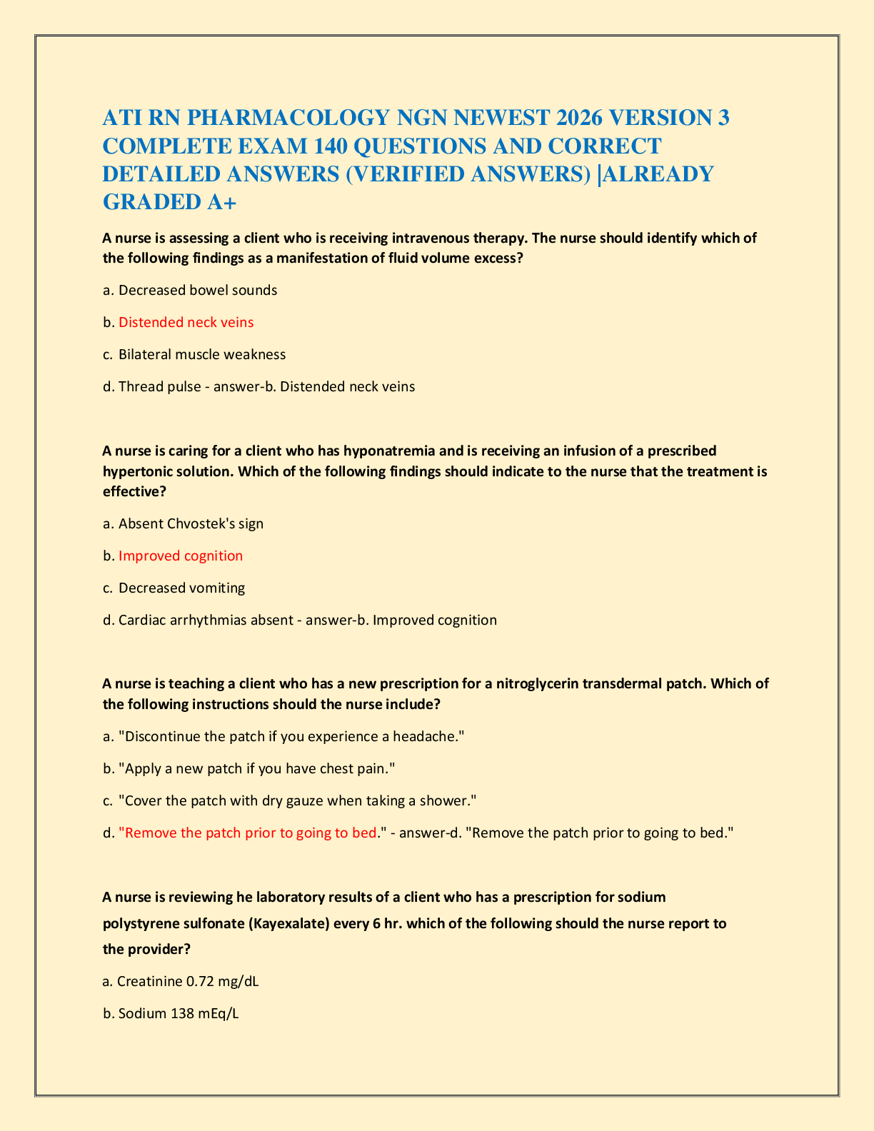 Recommended document preview for ATI RN PHARMACOLOGY NGN NEWEST 2026 VERSION 3   COMPLETE EXAM 140 QUESTIONS AND CORRECT   DETAILED ANSWERS (VERIFIED ANSWERS) |ALREADY  GRADED A+