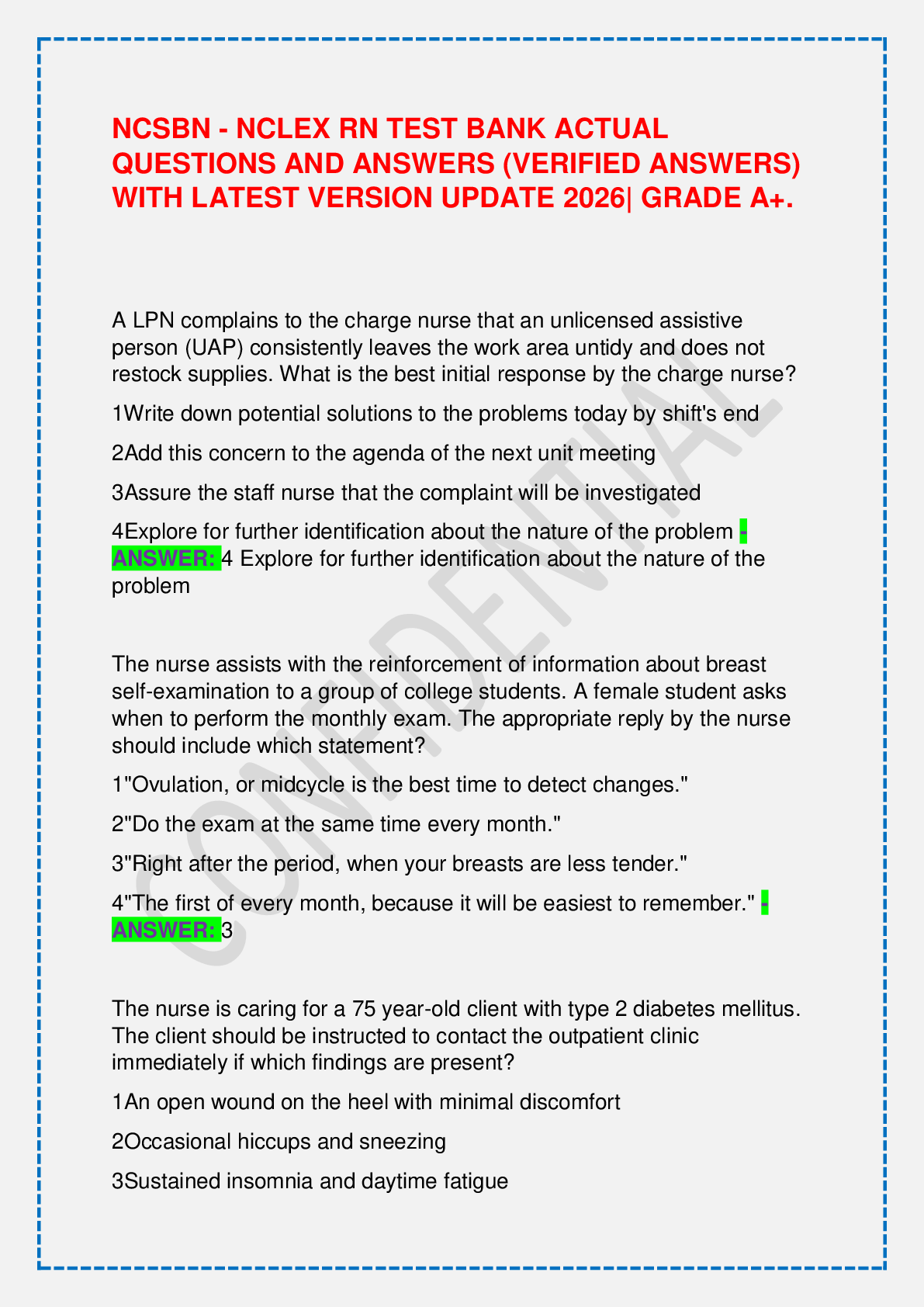 Recommended document preview for NCSBN - NCLEX RN TEST BANK ACTUAL QUESTIONS AND ANSWERS (VERIFIED ANSWERS) WITH LATEST VERSION UPDATE 2026| GRADE A+.