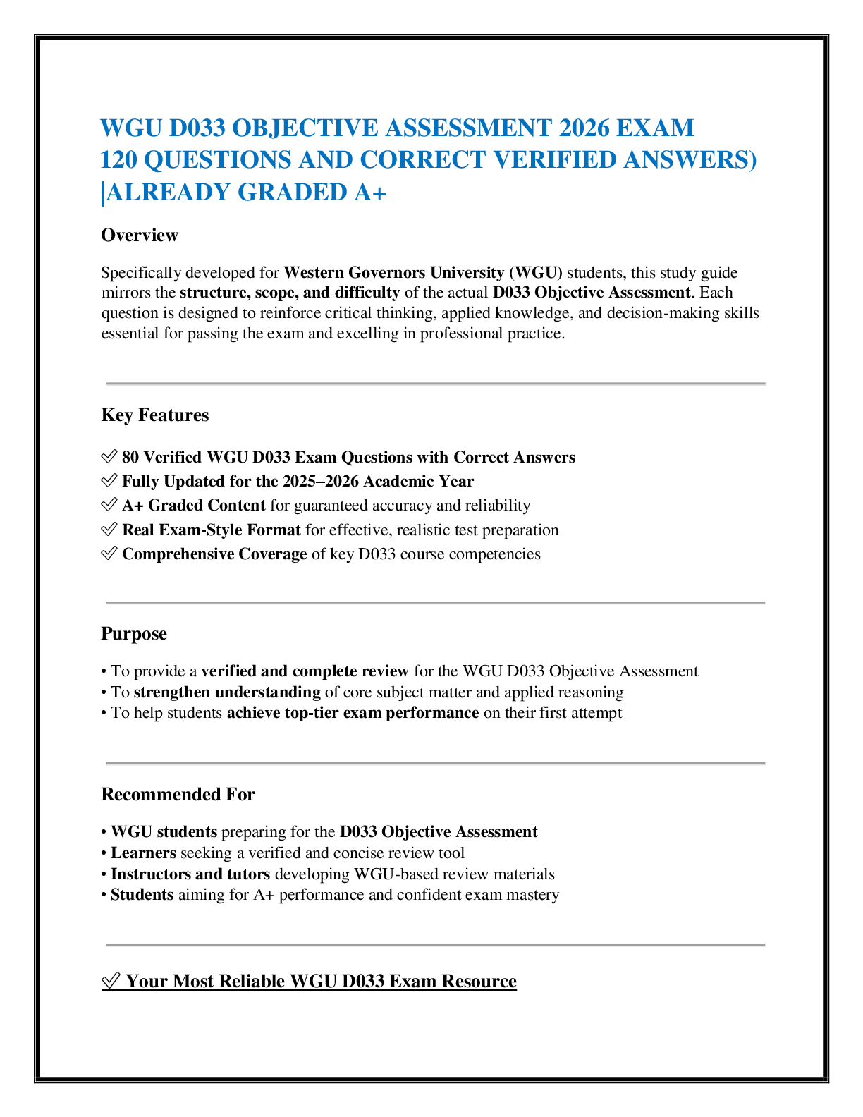 Preview of WGU D033 OBJECTIVE ASSESSMENT 2026 EXAM    120 QUESTIONS AND CORRECT VERIFIED ANSWERS)  |ALREADY GRADED A+