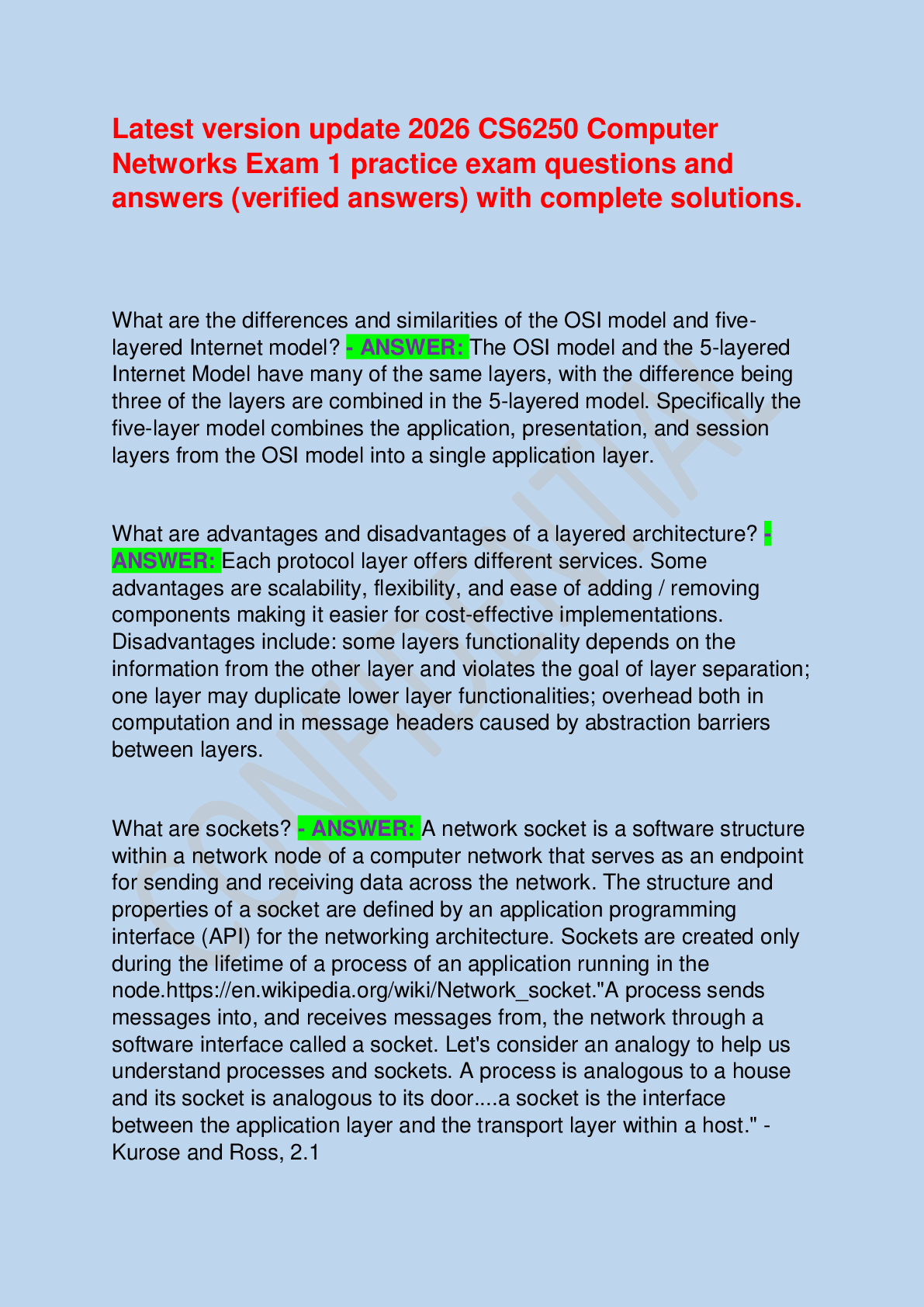 Recommended document preview for Latest version update 2026 CS6250 Computer Networks Exam 1 practice exam questions and answers (verified answers) with complete solutions.