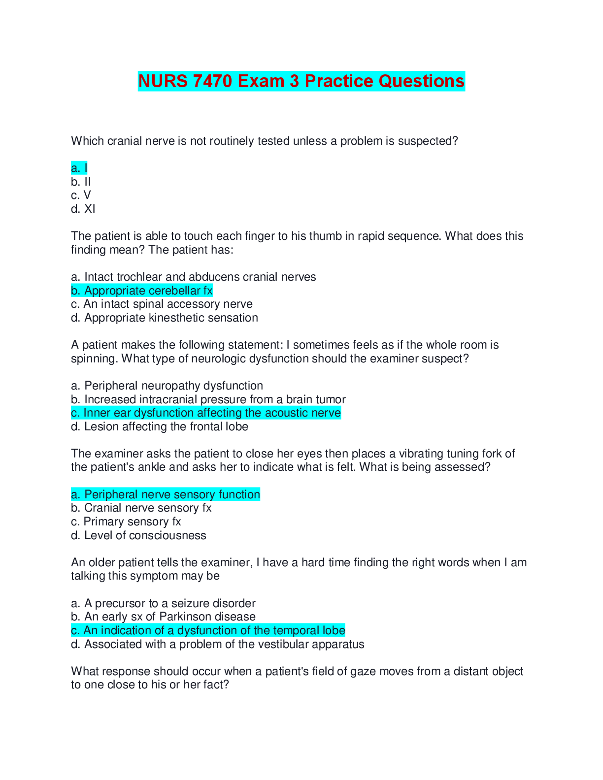 Preview of NURS 7470 Exam 3 Practice Questions | Verified Answers, Complete Solutions