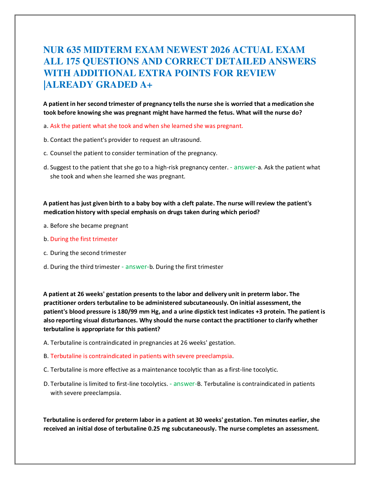 Recommended document preview for NUR 635 MIDTERM EXAM NEWEST 2026 ACTUAL EXAM  ALL 175 QUESTIONS AND CORRECT DETAILED ANSWERS  WITH ADDITIONAL EXTRA POINTS FOR REVIEW  |ALREADY GRADED A+