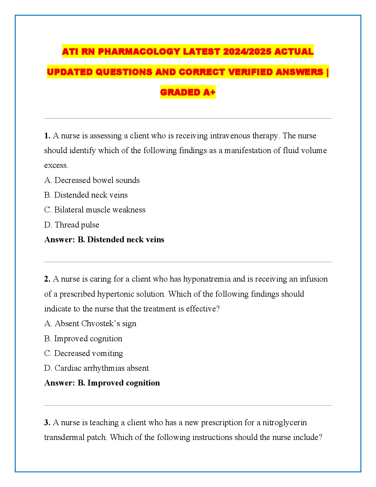 Recommended document preview for RN PHARMACOLOGY LATEST 2024/2025 ACTUAL UPDATED QUESTIONS AND CORRECT VERIFIED ANSWERS | GRADED A+