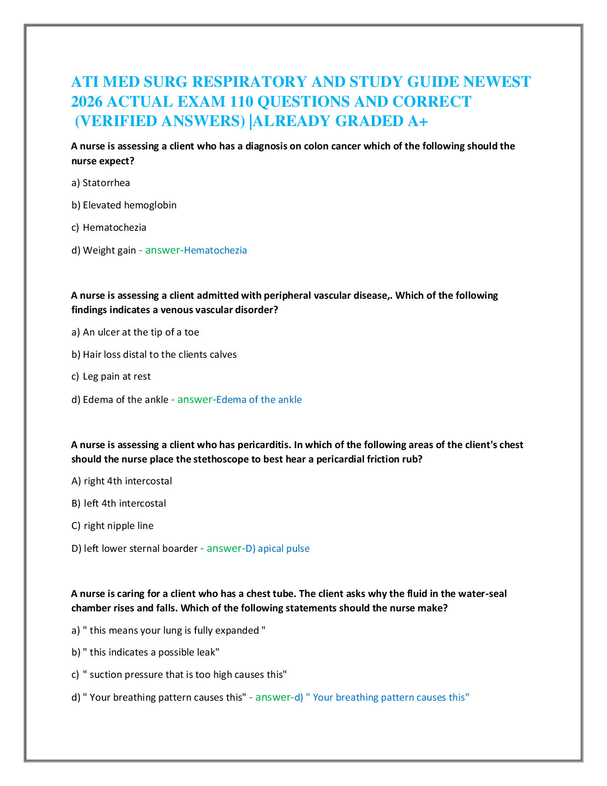 Recommended document preview for ATI MED SURG RESPIRATORY AND STUDY GUIDE NEWEST   2026 ACTUAL EXAM 110 QUESTIONS AND CORRECT    (VERIFIED ANSWERS) |ALREADY GRADED A+