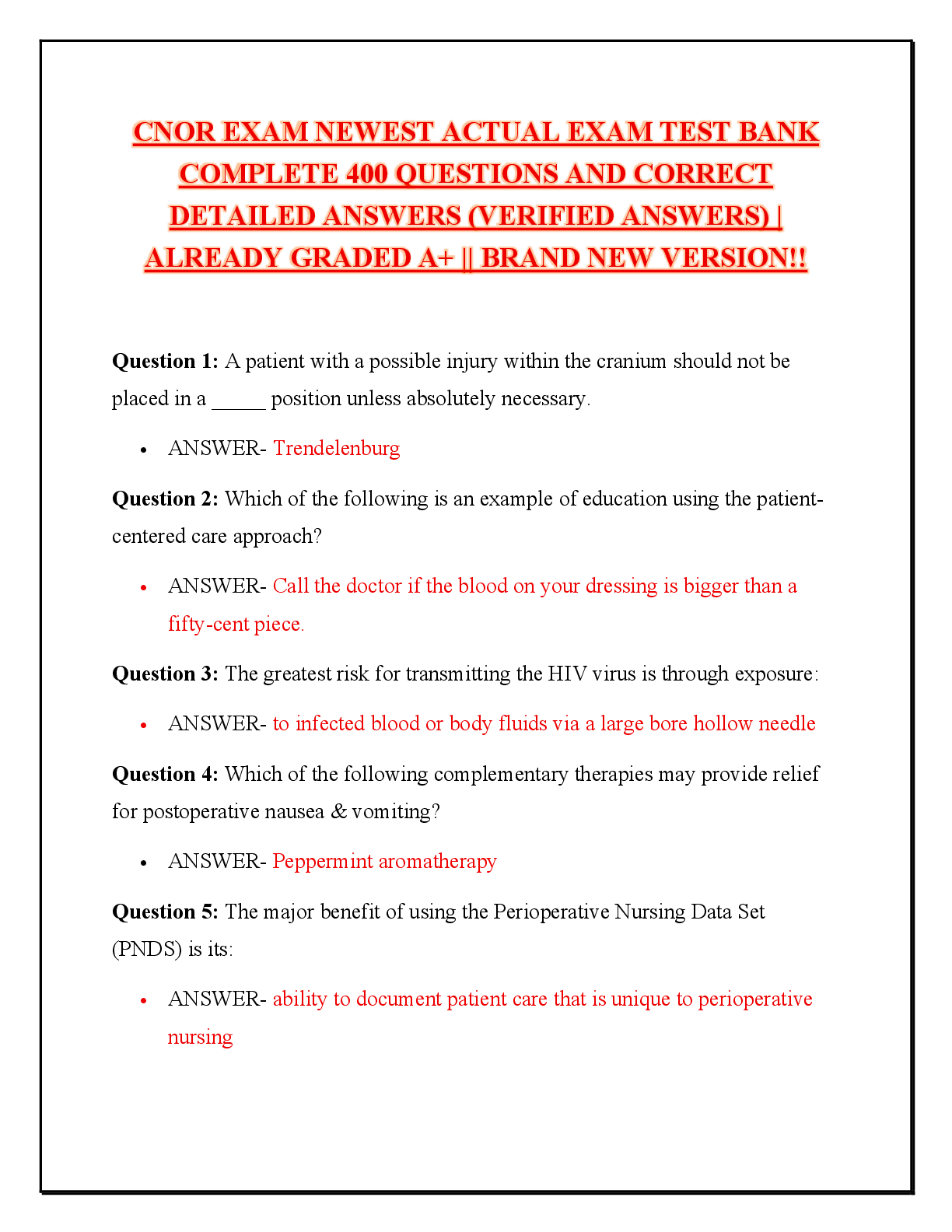 Preview of CNOR EXAM NEWEST ACTUAL EXAM TEST BANK COMPLETE 400 QUESTIONS AND CORRECT DETAILED ANSWERS