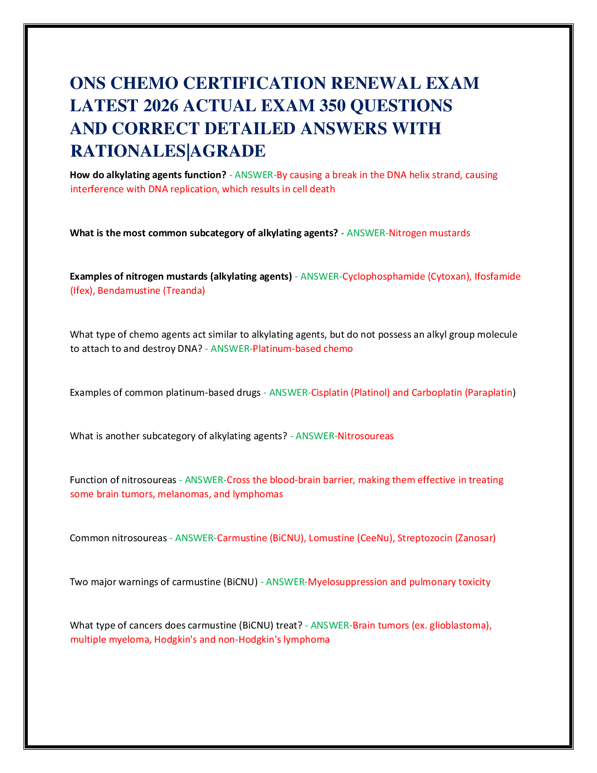 Recommended document preview for ONS CHEMO CERTIFICATION RENEWAL EXAM   LATEST 2026 ACTUAL EXAM 350 QUESTIONS   AND CORRECT DETAILED ANSWERS WITH  RATIONALES|AGRADE