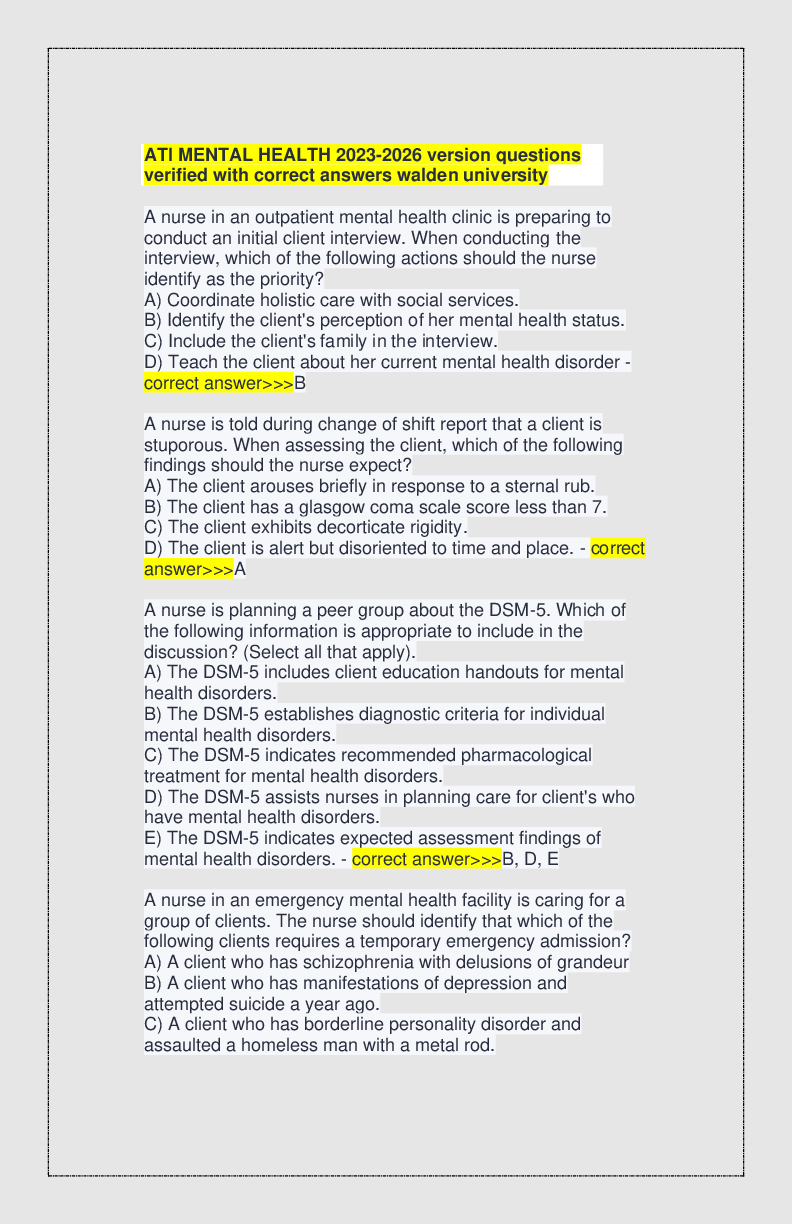 Recommended document preview for ATI MENTAL HEALTH 2023-2026 version questions verified with correct answers walden university