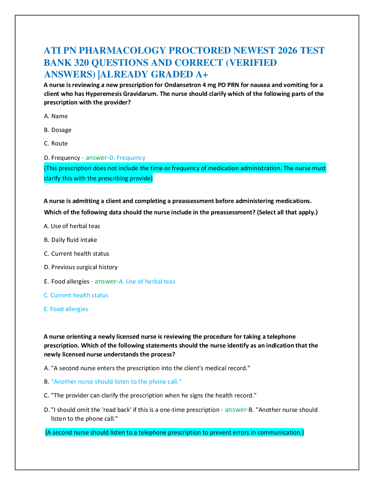 Preview of ATI PN PHARMACOLOGY PROCTORED NEWEST 2026 TEST   BANK 320 QUESTIONS AND CORRECT (VERIFIED  ANSWERS) |ALREADY GRADED A+