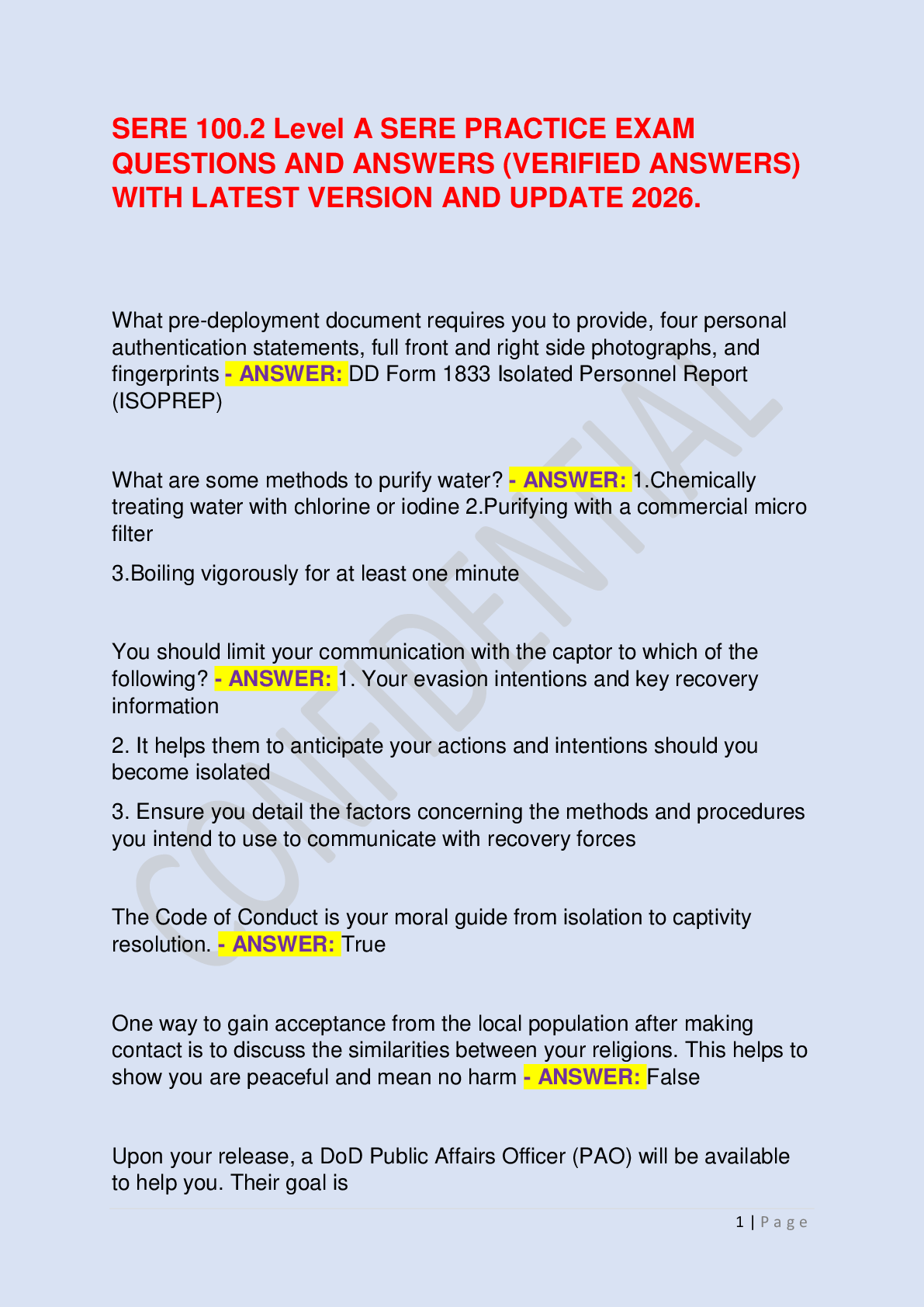 Recommended document preview for SERE 100.2 Level A SERE PRACTICE EXAM QUESTIONS AND ANSWERS (VERIFIED ANSWERS) WITH LATEST VERSION AND UPDATE 2026.