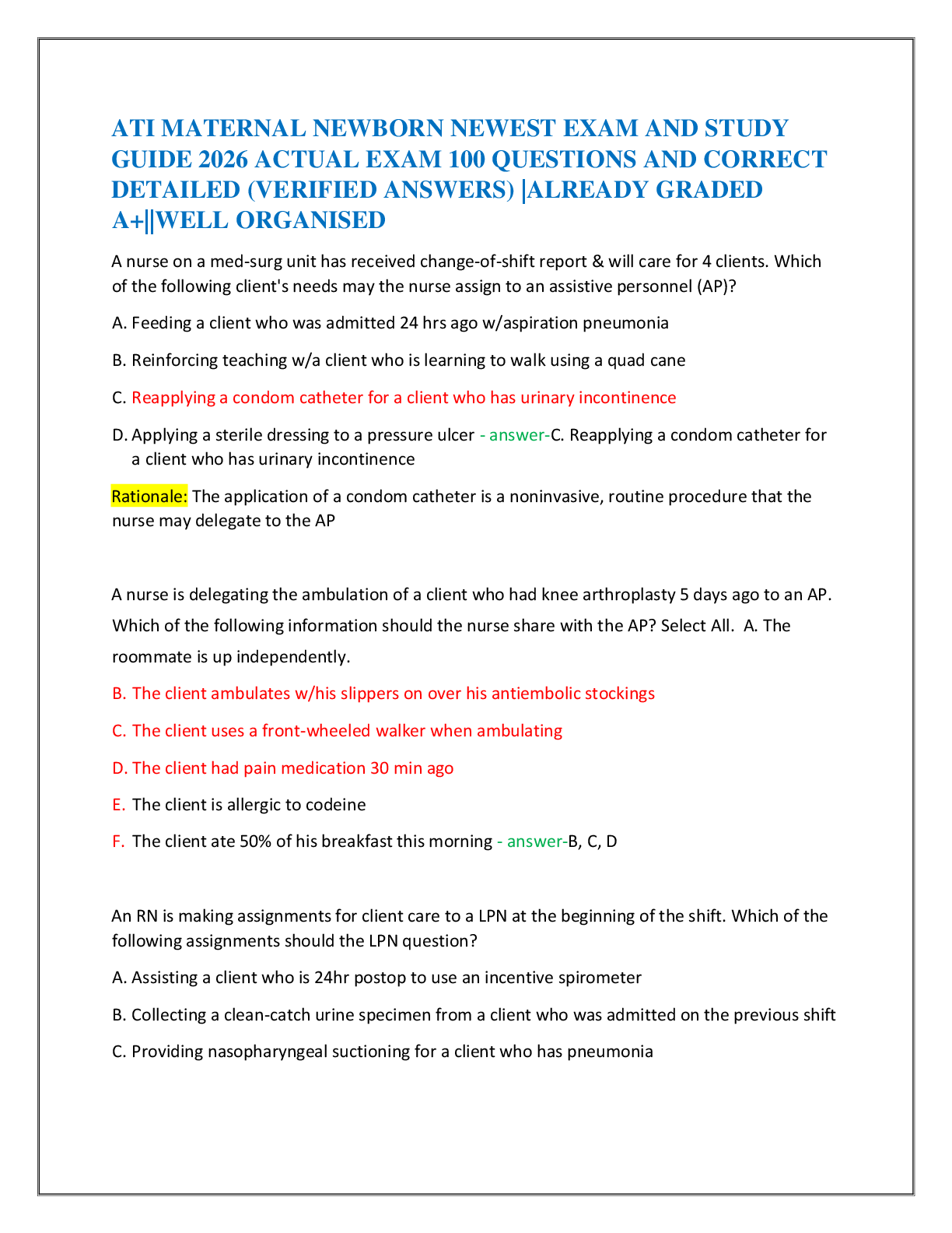 Recommended document preview for ATI MATERNAL NEWBORN NEWEST EXAM AND STUDY   GUIDE 2026 ACTUAL EXAM 100 QUESTIONS AND CORRECT   DETAILED (VERIFIED ANSWERS) |ALREADY GRADED  A+||WELL ORGANISED