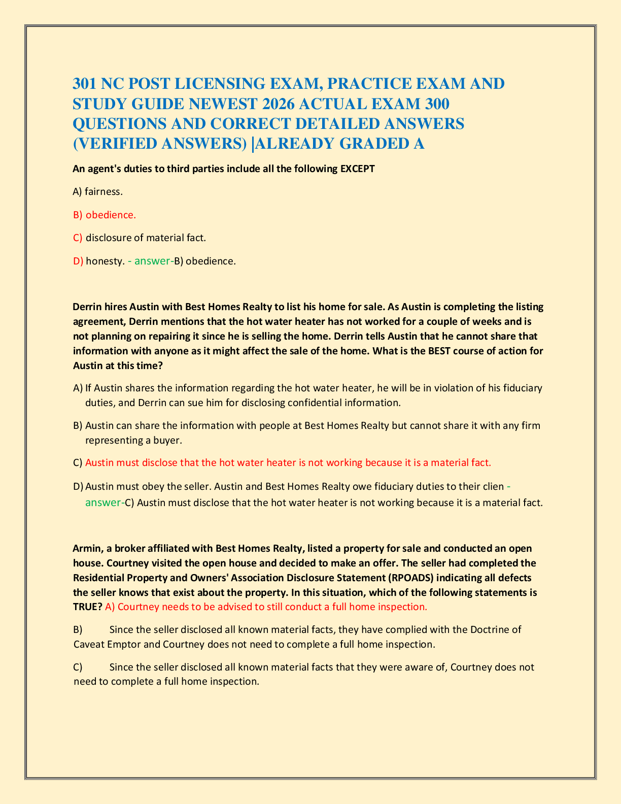 Recommended document preview for 301 NC POST LICENSING EXAM, PRACTICE EXAM AND   STUDY GUIDE NEWEST 2026 ACTUAL EXAM 300   QUESTIONS AND CORRECT DETAILED ANSWERS  (VERIFIED ANSWERS) |ALREADY GRADED A