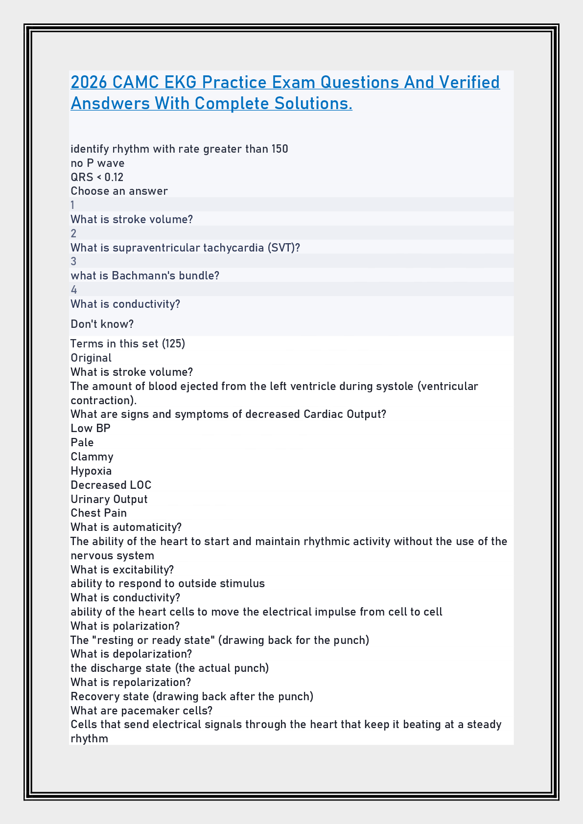 2026 CAMC EKG Practice Exam Questions And Verified Ansdwers With Complete Solutions.