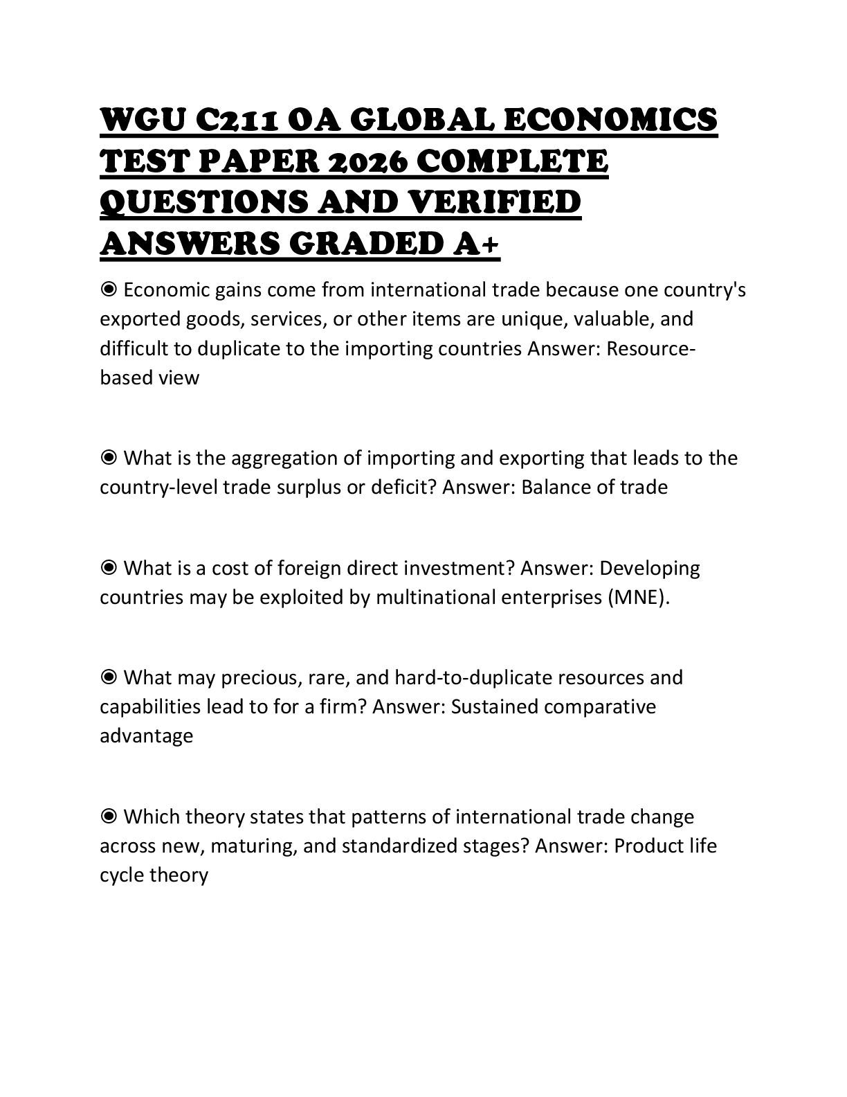 Preview of WGU C211 OA GLOBAL ECONOMICS TEST PAPER 2026 COMPLETE QUESTIONS AND VERIFIED ANSWERS GRADE