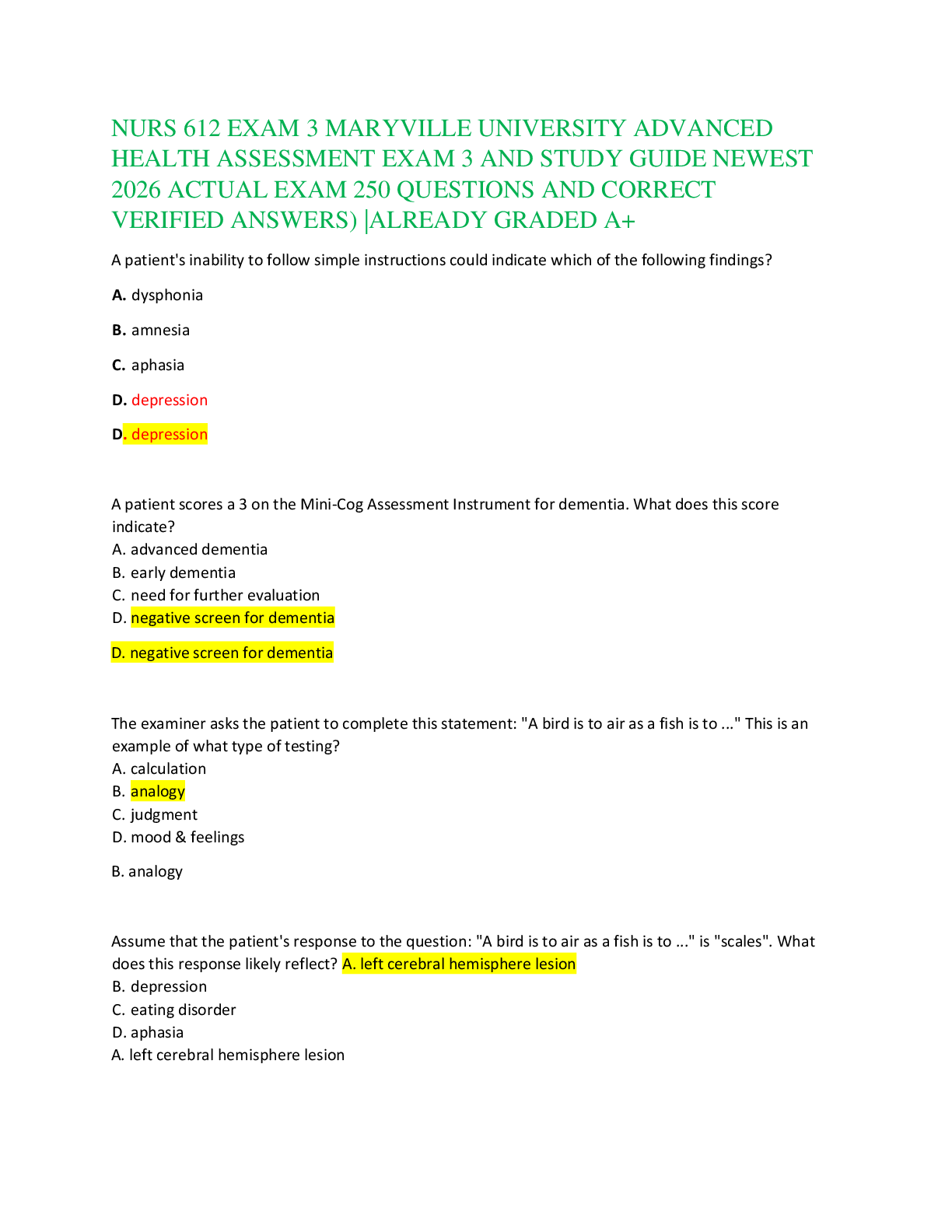 Preview of NURS 612 EXAM 3 MARYVILLE UNIVERSITY ADVANCED   HEALTH ASSESSMENT EXAM 3 AND STUDY GUIDE N