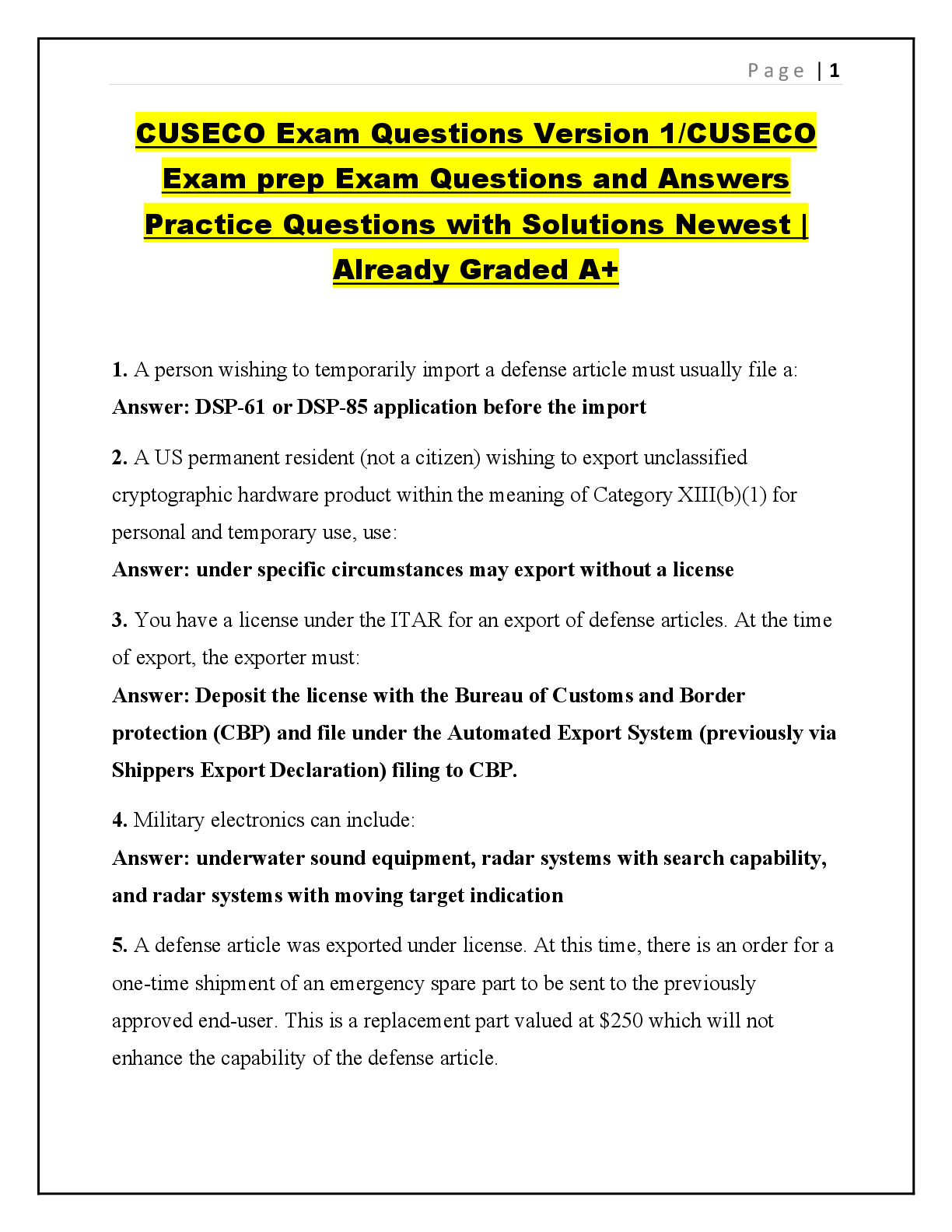 Recommended document preview for CUSECO Exam Questions Version 1/CUSECO Exam prep Exam Questions and Answers Practice Questions with Solutions Newest | Already Graded A+