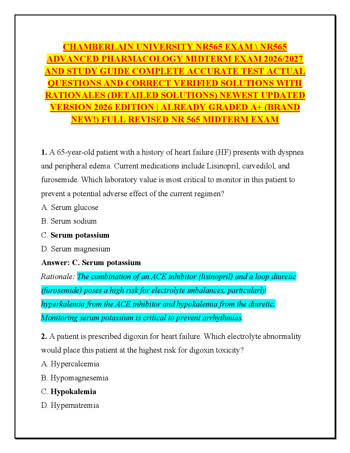 Recommended document preview for CHAMBERLAIN UNIVERSITY NR565 EXAM \ NR565 ADVANCED PHARMACOLOGY MIDTERM EXAM 2026/2027 AND STUDY GUIDE COMPLETE ACCURATE TEST ACTUAL QUESTIONS AND CORRECT VERIFIED SOLUTIONS WITH RATIONALES (DETAILED SOLUTIONS) NEWEST UPDATED VERSION 2026 EDITION | ALREADY GRADED A+ (BRAND NEW!) FULL REVISED NR 565 MIDTERM EXAM