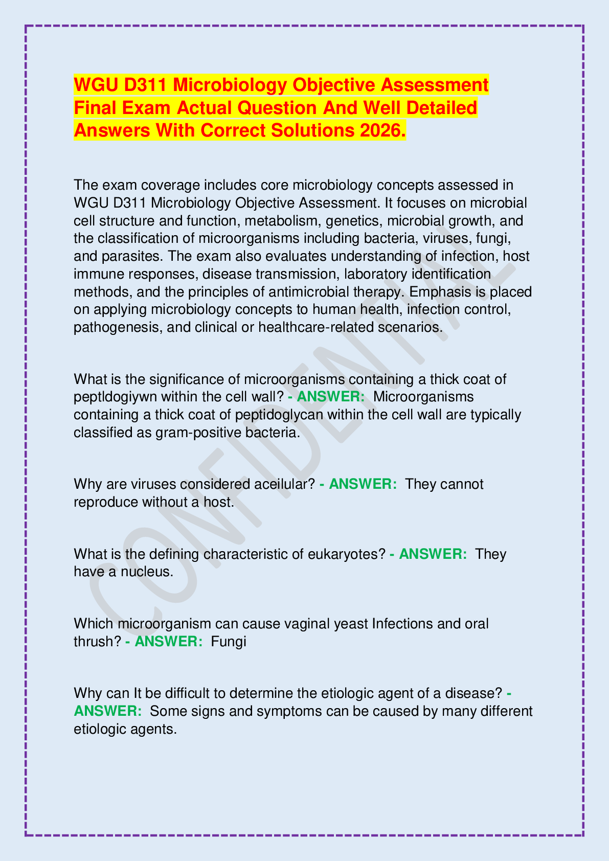 Recommended document preview for WGU D311 Microbiology Objective Assessment Final Exam Actual Question And Well Detailed Answers With Correct Solutions 2026.