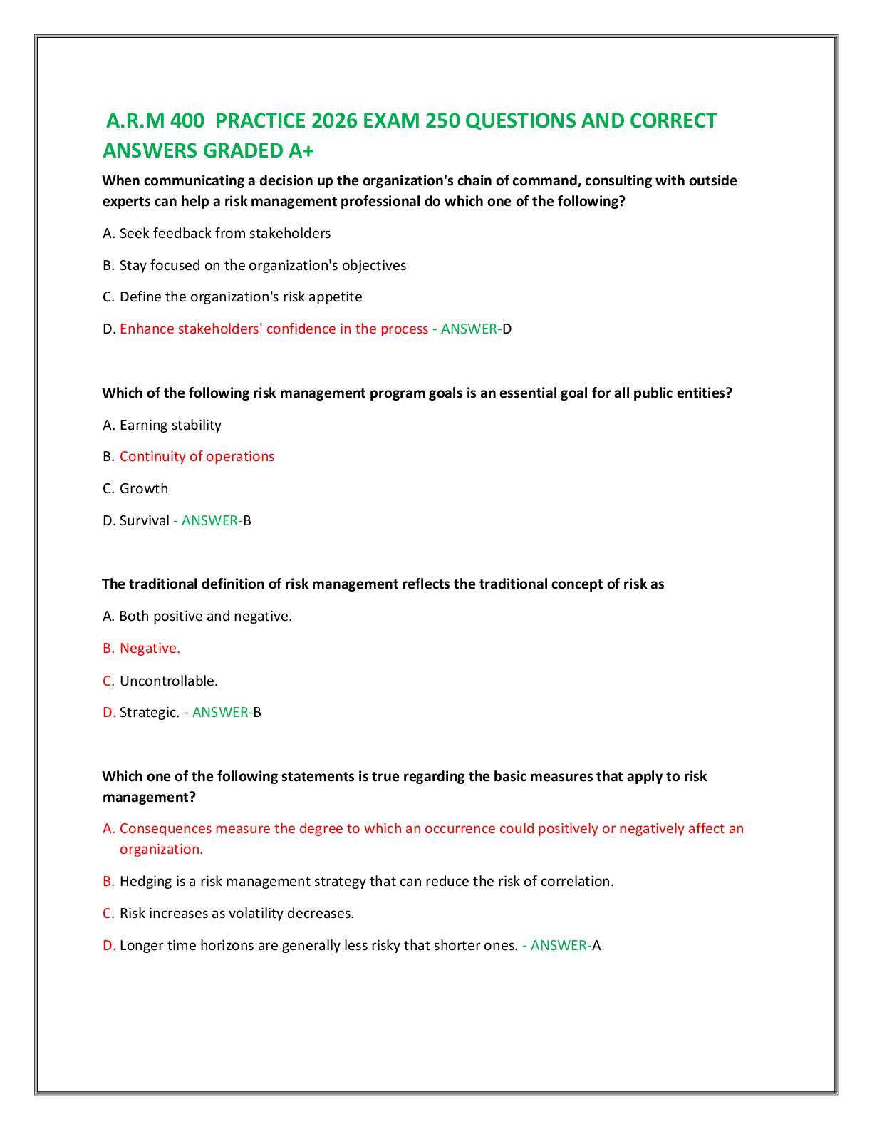 Recommended document preview for A.R.M 400  PRACTICE 2026 EXAM 250 QUESTIONS AND CORRECT  ANSWERS GRADED A+