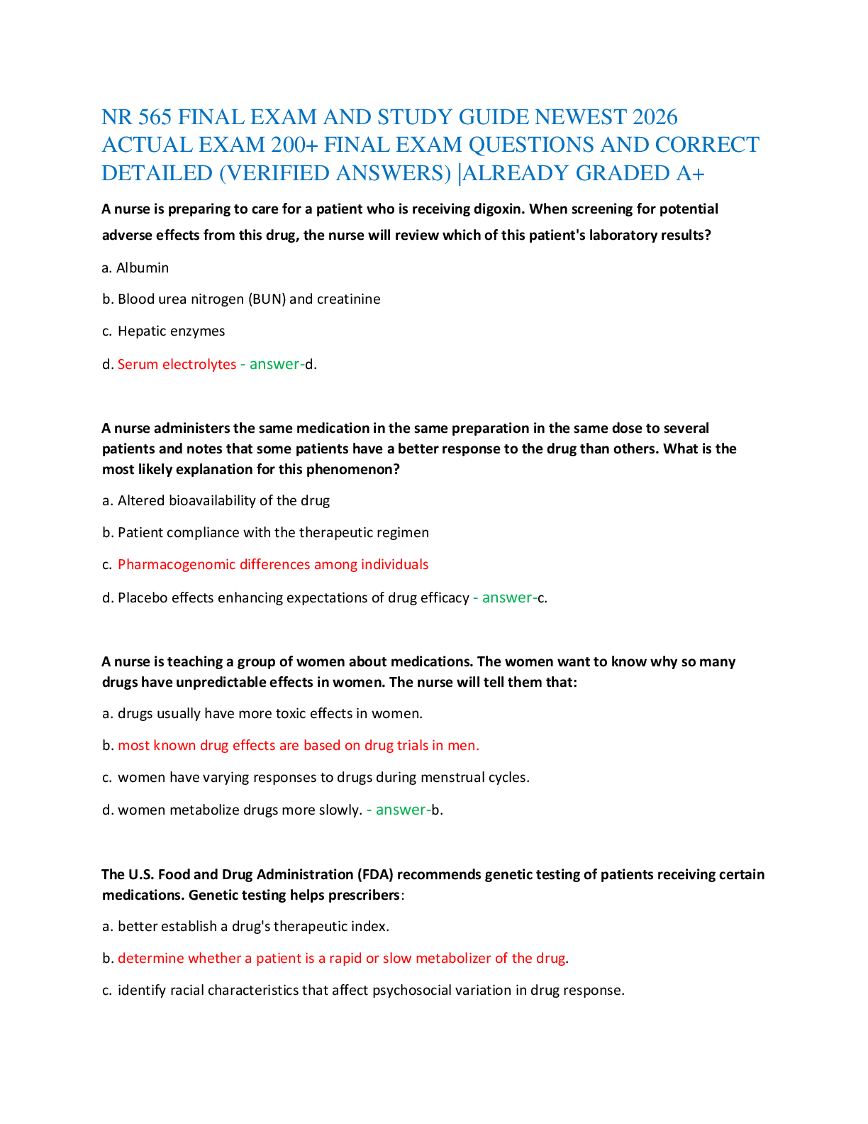 Recommended document preview for NR 565 FINAL EXAM AND STUDY GUIDE NEWEST 2026   ACTUAL EXAM 200+ FINAL EXAM QUESTIONS AND CORRECT   DETAILED (VERIFIED ANSWERS) |ALREADY GRADED A+