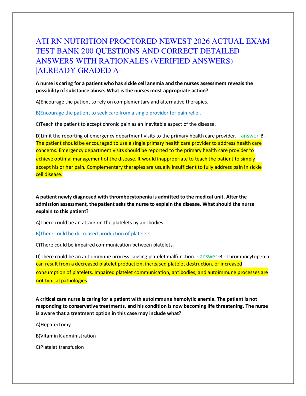 Recommended document preview for ATI RN NUTRITION PROCTORED NEWEST 2026 ACTUAL EXAM   TEST BANK 200 QUESTIONS AND CORRECT DETAILED   ANSWERS WITH RATIONALES (VERIFIED ANSWERS)  |ALREADY GRADED A+