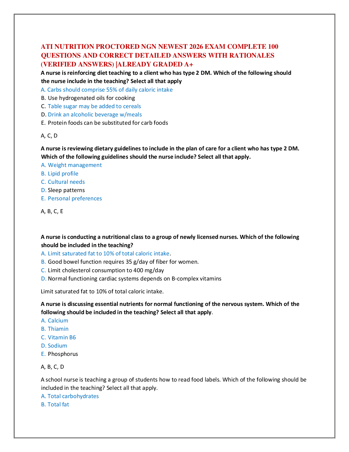 Recommended document preview for ATI NUTRITION PROCTORED NGN NEWEST 2026 EXAM   COMPLETE 140 QUESTIONS AND CORRECT DETAILED  ANSWERS |ALREADY GRADED A+