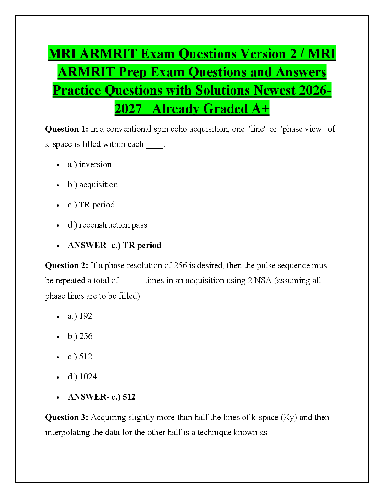 Recommended document preview for MRI ARMRIT Exam Questions Version 2 / MRI ARMRIT Prep Exam Questions and Answers Practice Questions with Solutions Newest 2026-2027 | Already Graded A+