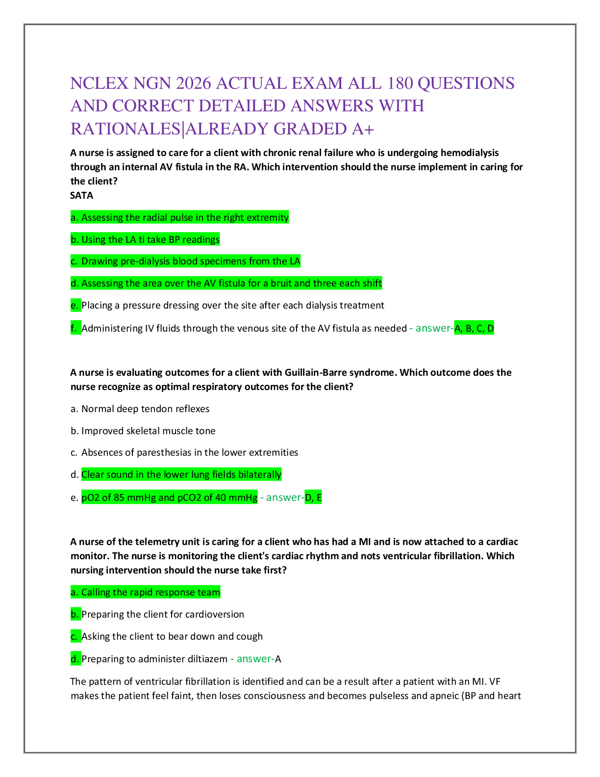 Recommended document preview for NCLEX NGN 2026 ACTUAL EXAM ALL 180 QUESTIONS   AND CORRECT DETAILED ANSWERS WITH  RATIONALES|ALREADY GRADED A+