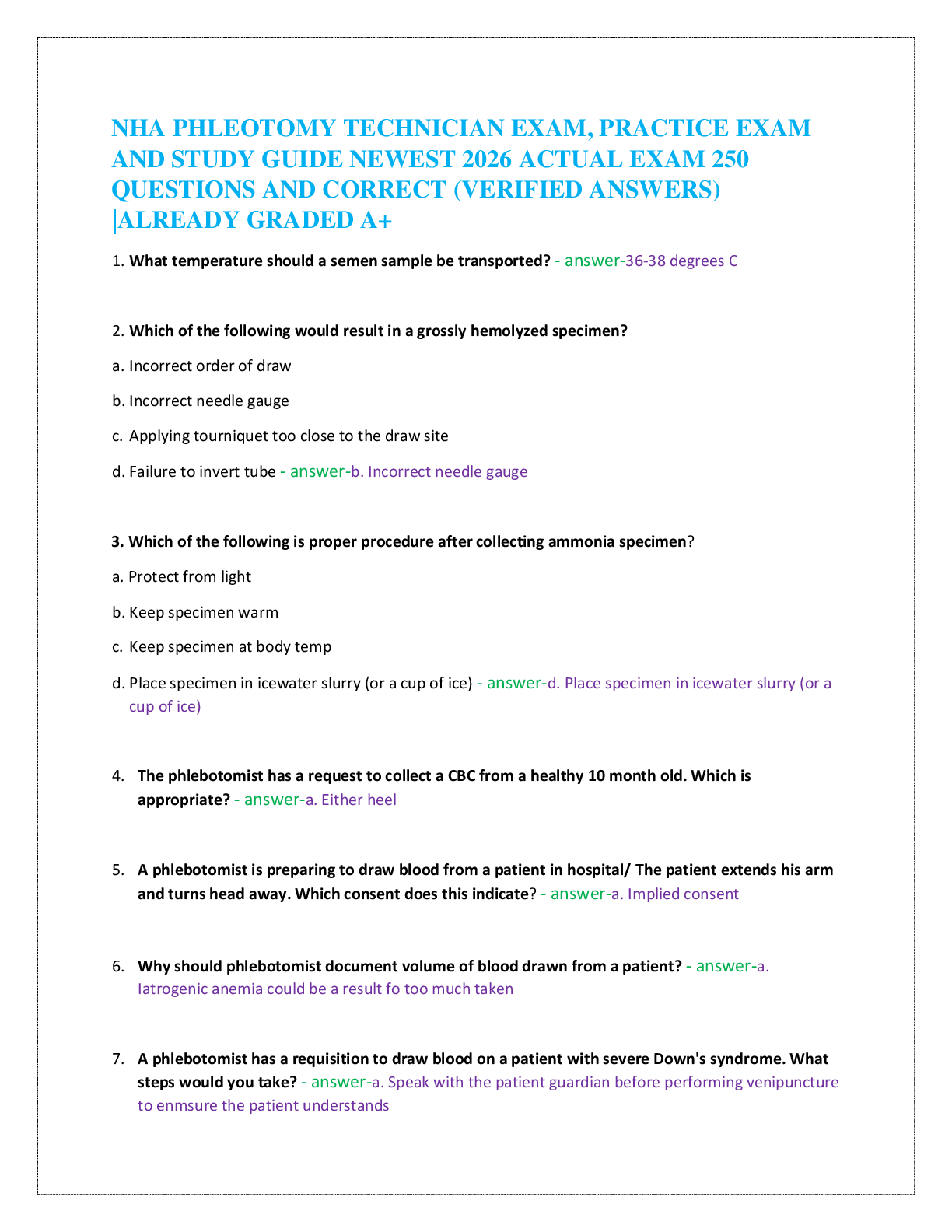 Preview of NHA PHLEOTOMY TECHNICIAN EXAM, PRACTICE EXAM   AND STUDY GUIDE NEWEST 2026 ACTUAL EXAM 250   QUESTIONS AND CORRECT (VERIFIED ANSWERS)  |ALREADY GRADED A+