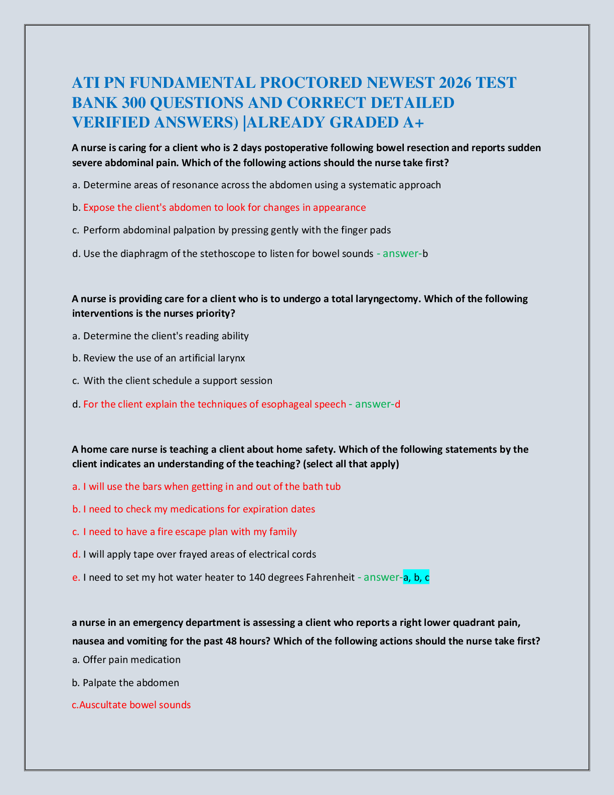 Recommended document preview for ATI PN FUNDAMENTAL PROCTORED NEWEST 2026 TEST   BANK 300 QUESTIONS AND CORRECT DETAILED   VERIFIED ANSWERS) |ALREADY GRADED A+