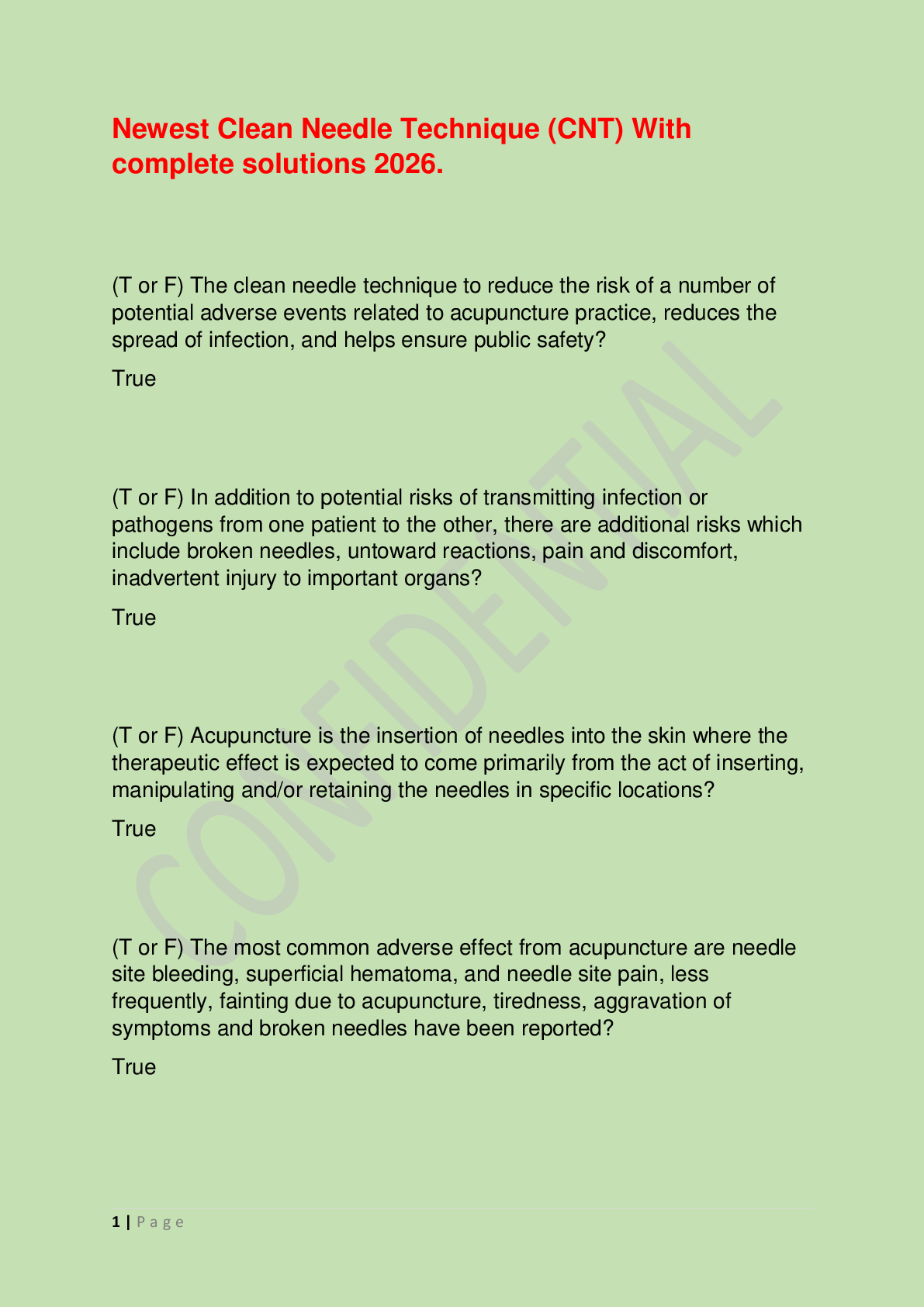 Recommended document preview for Newest Clean Needle Technique (CNT) With complete solutions 2026.