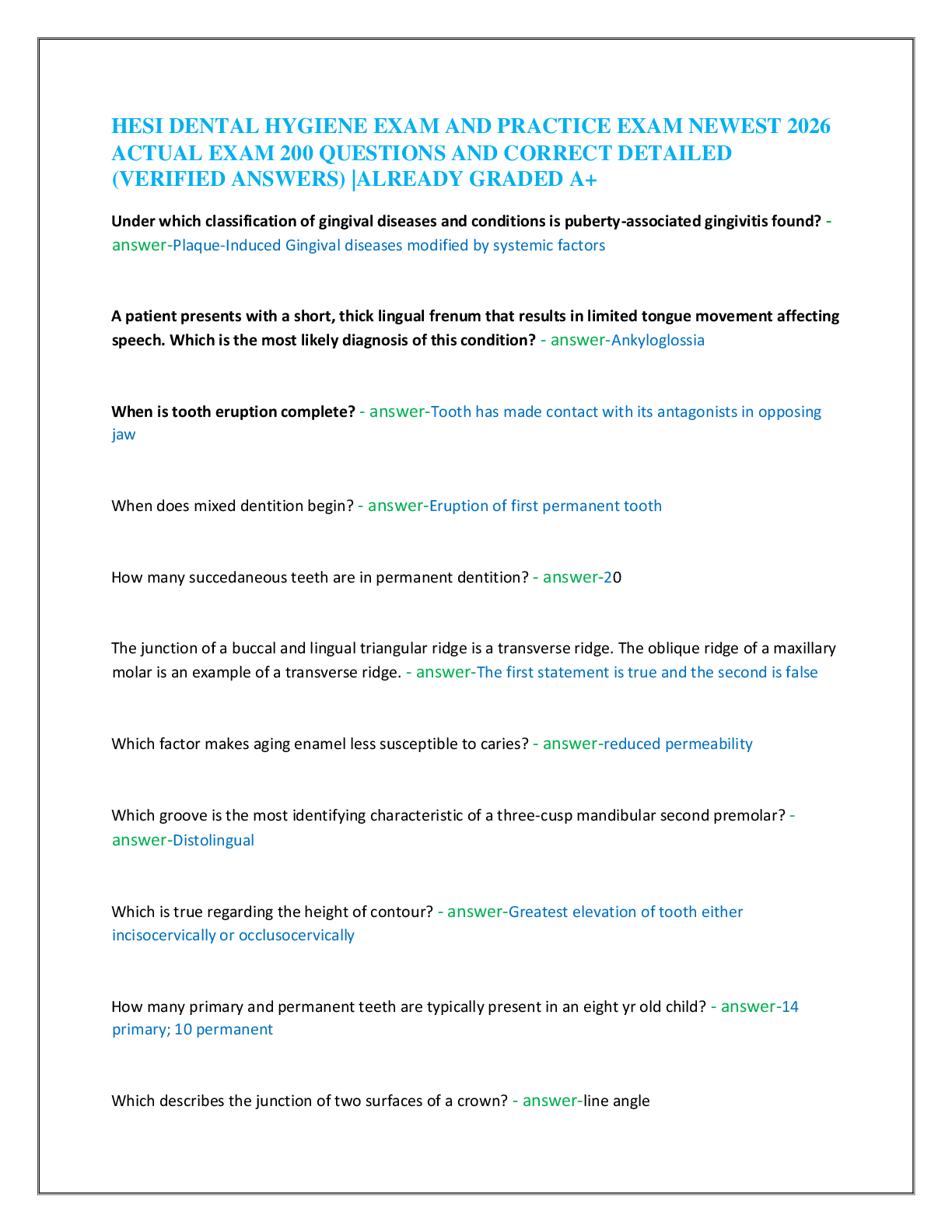 Recommended document preview for HESI DENTAL HYGIENE EXAM AND PRACTICE EXAM NEWEST 2026   ACTUAL EXAM 200 QUESTIONS AND CORRECT DETAILED   (VERIFIED ANSWERS) |ALREADY GRADED A+