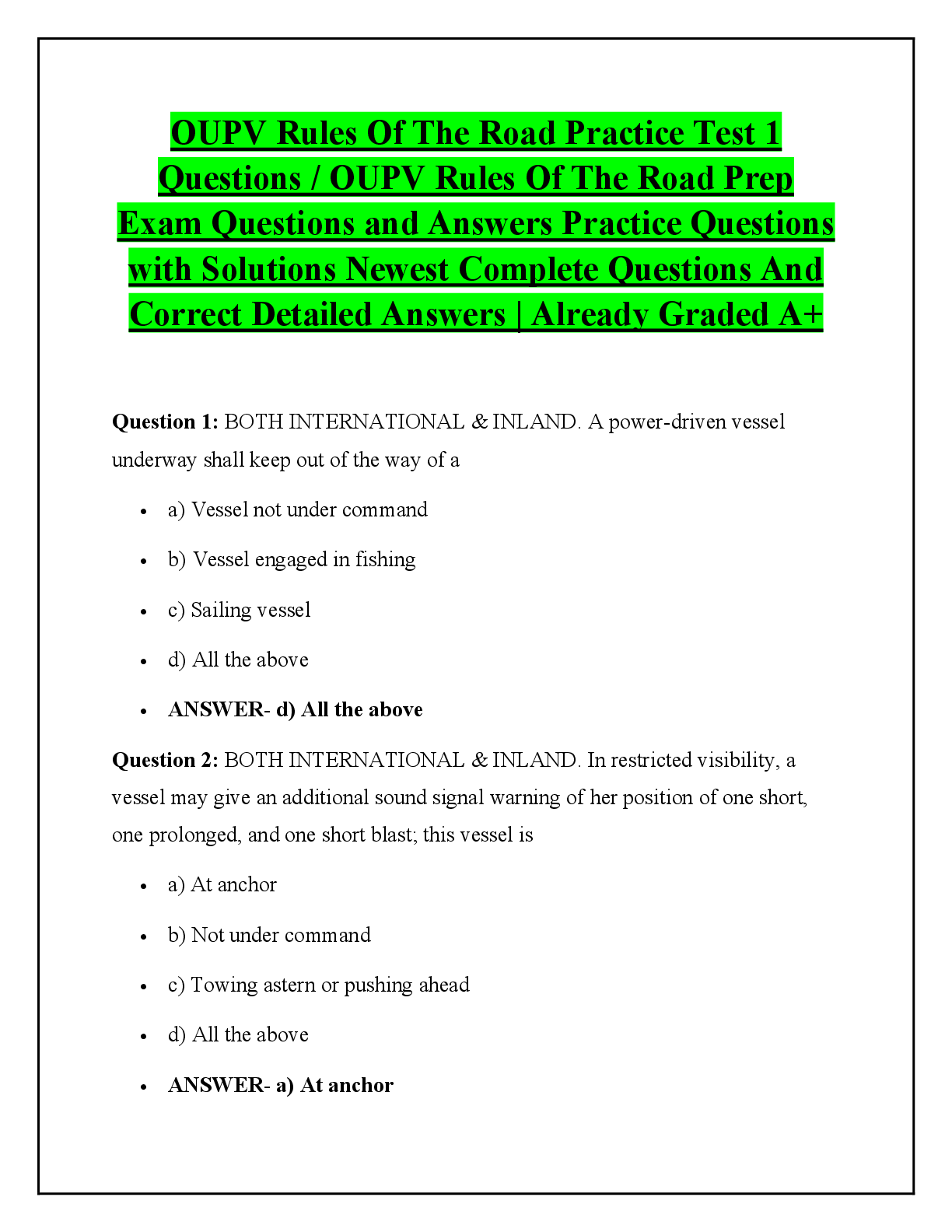 Preview of OUPV Rules Of The Road Practice Test 1 Questions / OUPV Rules Of The Road Prep Exam Questi