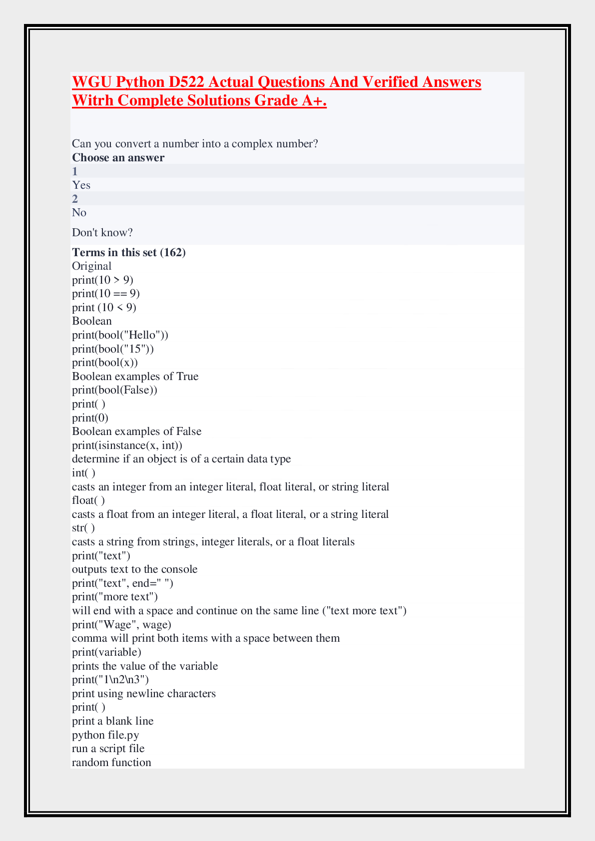Preview of WGU Python D522 Actual Questions And Verified Answers Witrh Complete Solutions Grade A+.