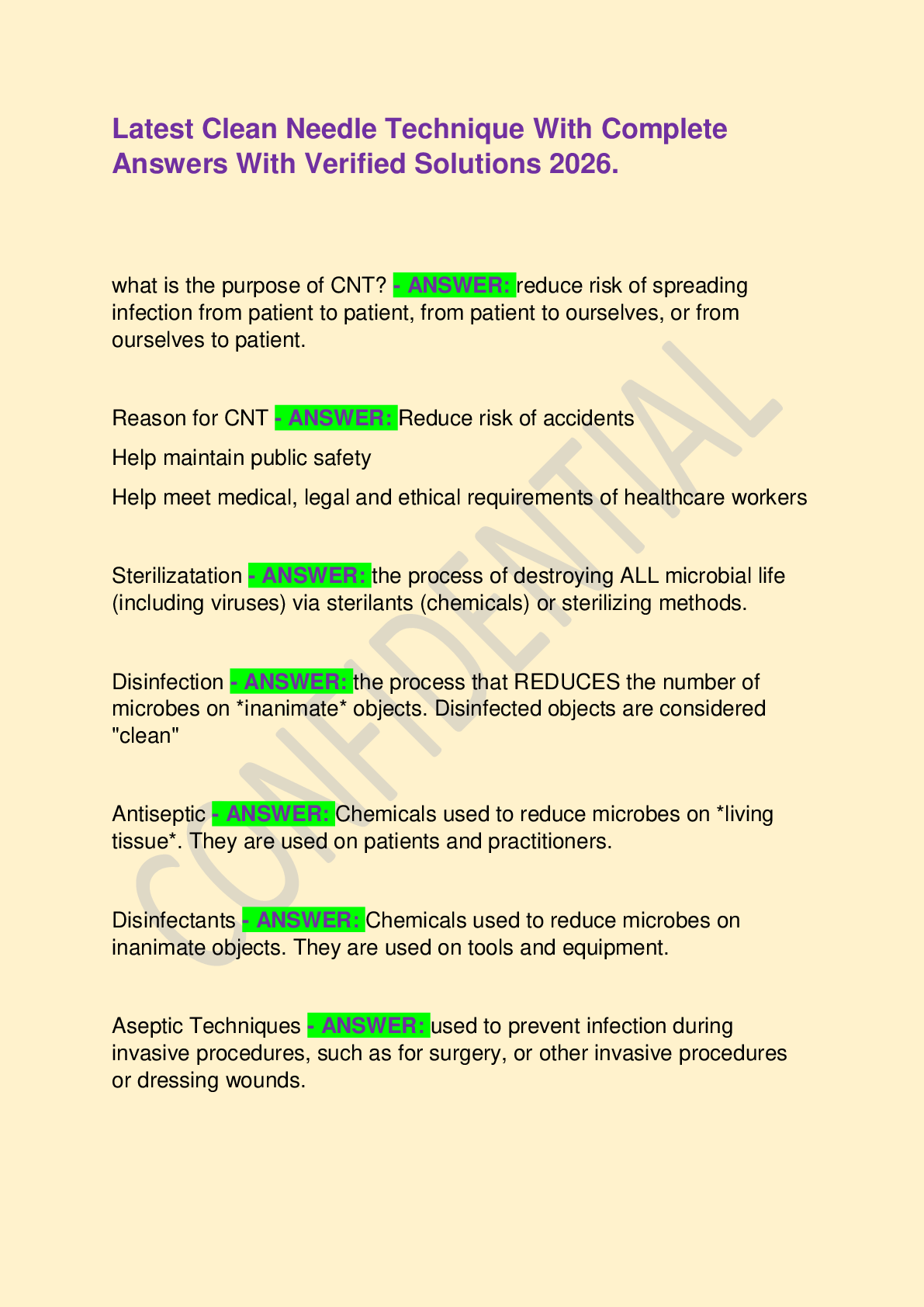Recommended document preview for Latest Clean Needle Technique With Complete Answers With Verified Solutions 2026.