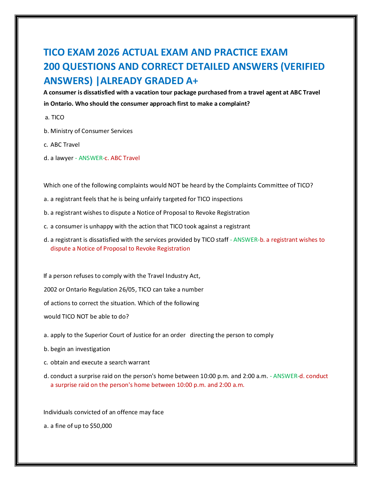 TICO EXAM 2026 ACTUAL EXAM AND PRACTICE EXAM   200 QUESTIONS AND CORRECT DETAILED ANSWERS (VERIFIED  ANSWERS) |ALREADY GRADED A+