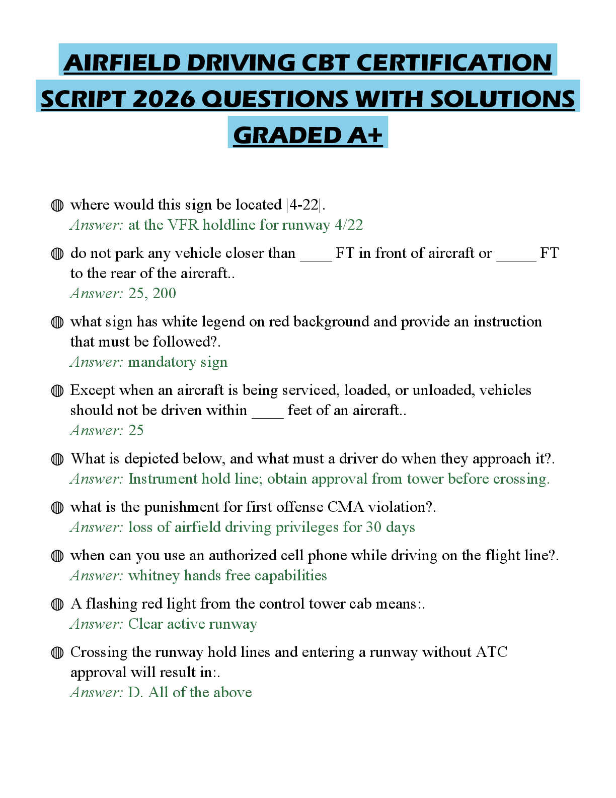 Recommended document preview for AIRFIELD DRIVING CBT COMPREHENSIVE STUDY GUIDE 2026 FULL QUESTIONS AND SOLUTIONS GRADED A+
