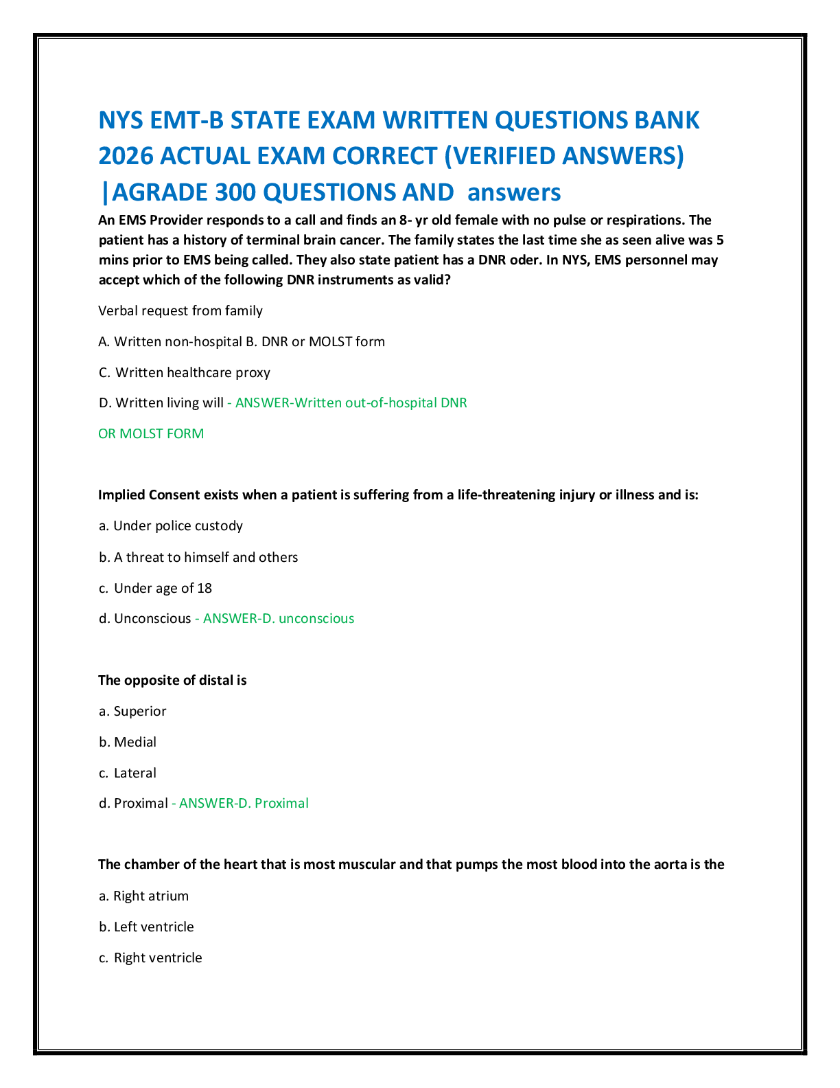 Recommended document preview for NYS EMT-B STATE EXAM WRITTEN QUESTIONS BANK   2026 ACTUAL EXAM CORRECT (VERIFIED ANSWERS)  |AGRADE 300 QUESTIONS AND  answers