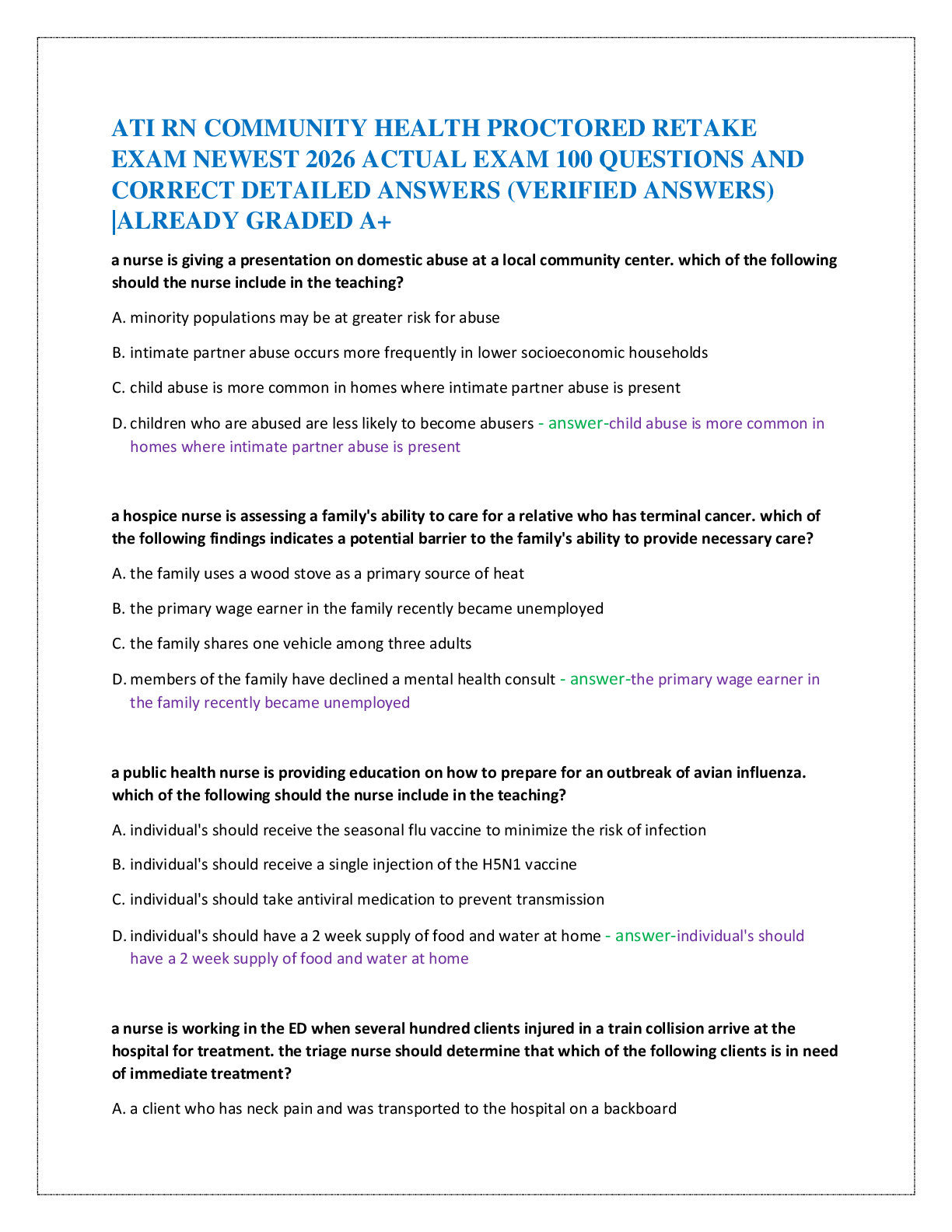 Recommended document preview for ATI RN COMMUNITY HEALTH PROCTORED RETAKE   EXAM NEWEST 2026 ACTUAL EXAM 100 QUESTIONS AND   CORRECT DETAILED ANSWERS (VERIFIED ANSWERS)   |ALREADY GRADED A+