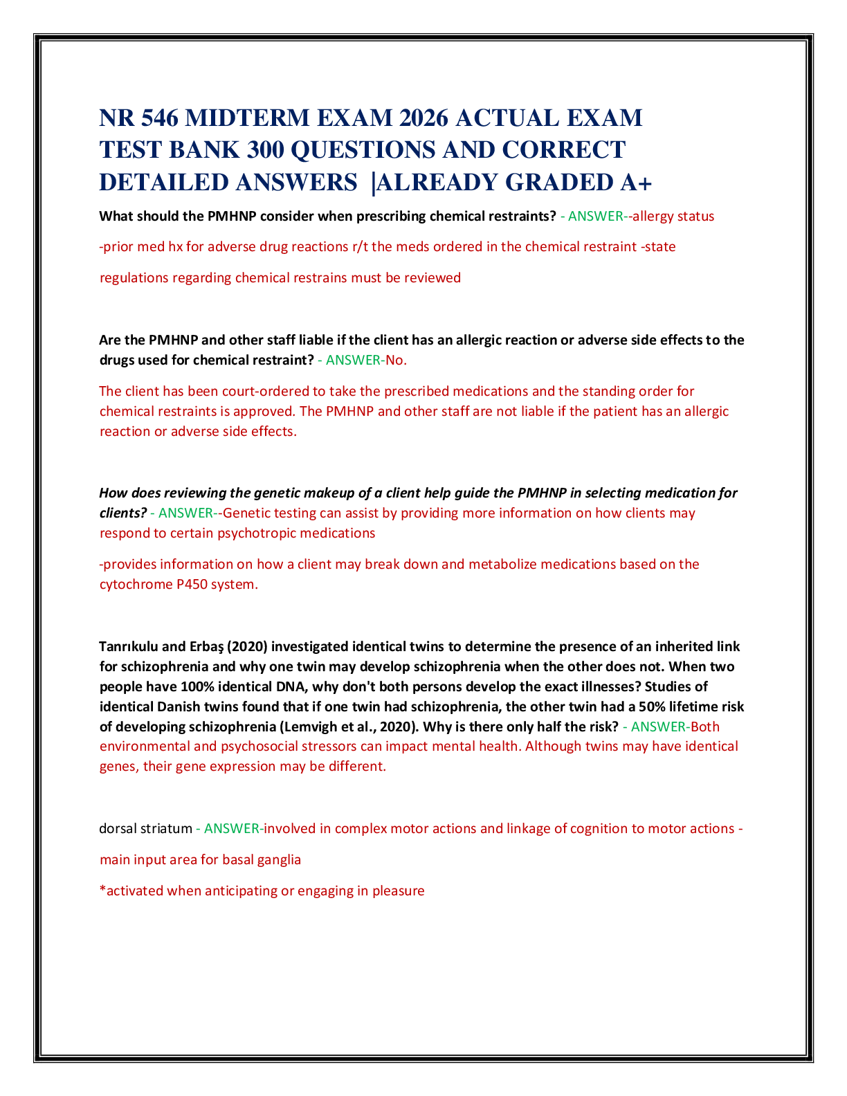 Recommended document preview for NR 546 MIDTERM EXAM 2026 ACTUAL EXAM   TEST BANK 300 QUESTIONS AND CORRECT   DETAILED ANSWERS  |ALREADY GRADED A+