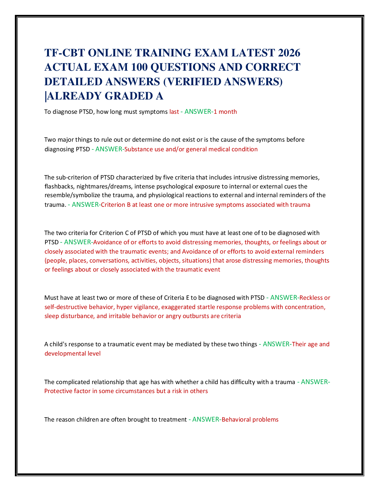 Recommended document preview for TF-CBT ONLINE TRAINING EXAM LATEST 2026   ACTUAL EXAM 100 QUESTIONS AND CORRECT   DETAILED ANSWERS (VERIFIED ANSWERS)  |ALREADY GRADED A