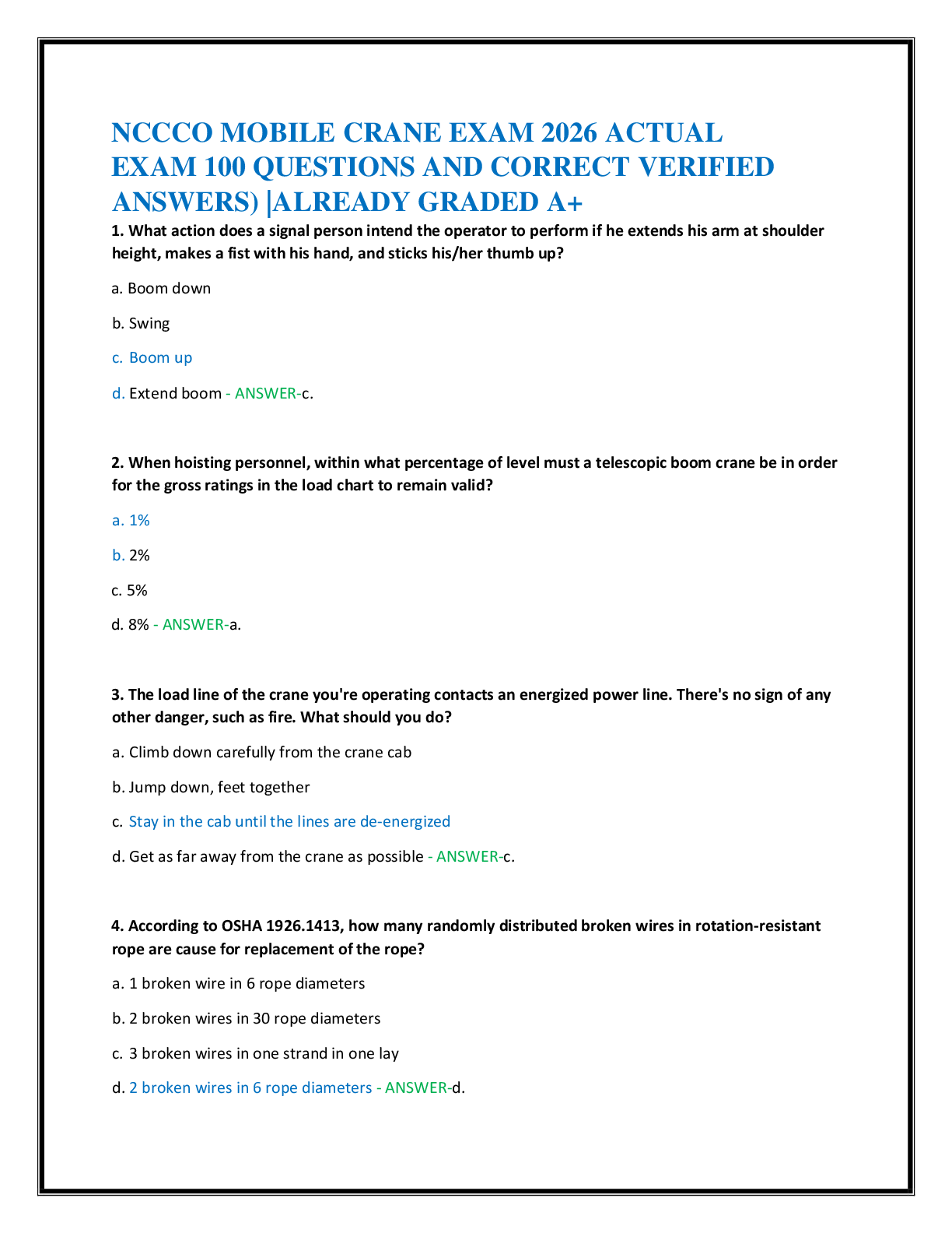 Recommended document preview for NCCCO MOBILE CRANE EXAM 2026 ACTUAL   EXAM 100 QUESTIONS AND CORRECT VERIFIED  ANSWERS) |ALREADY GRADED A+