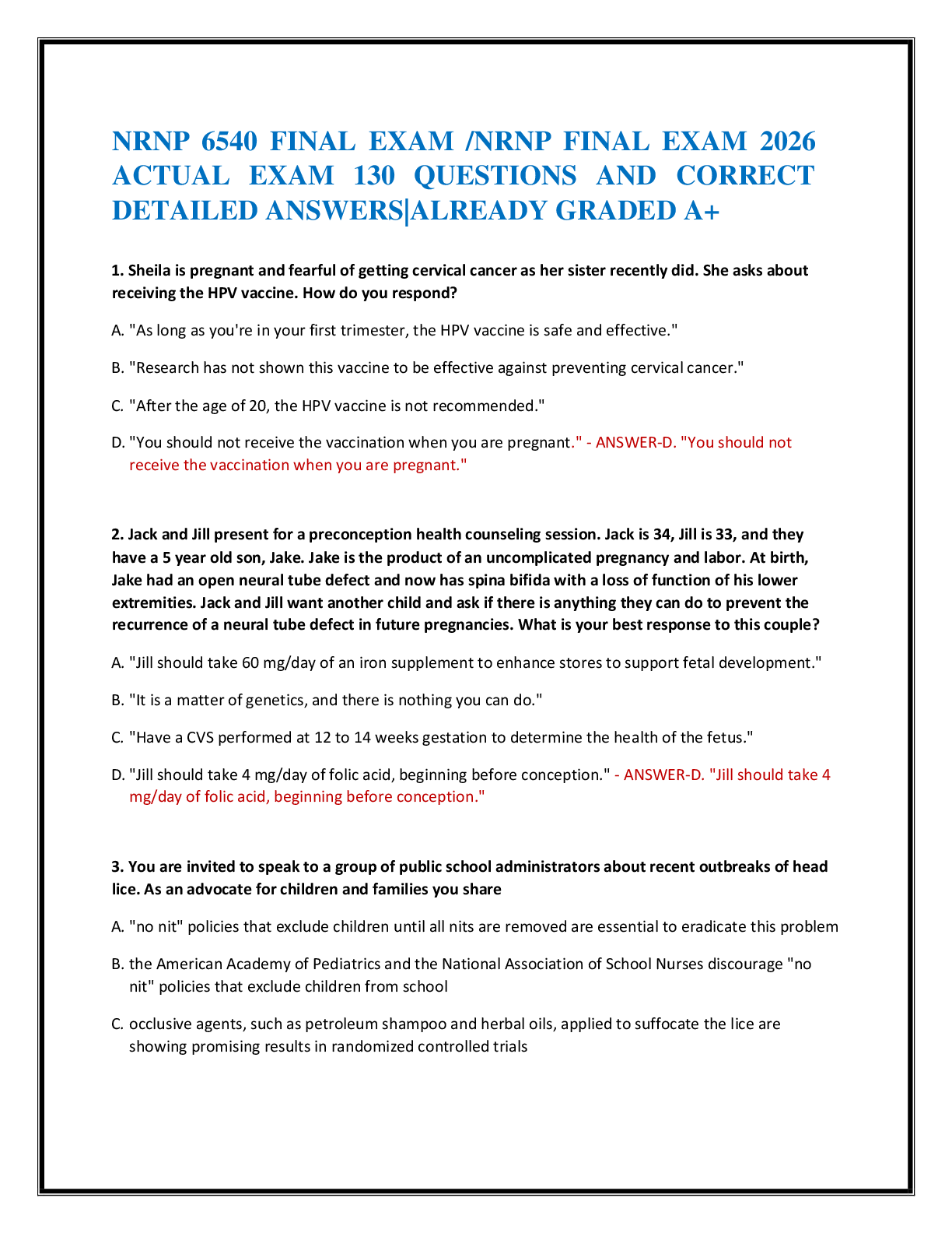 Recommended document preview for NRNP 6540 FINAL EXAM /NRNP FINAL EXAM 2026  ACTUAL EXAM 130 QUESTIONS AND CORRECT  DETAILED ANSWERS|ALREADY GRADED A+
