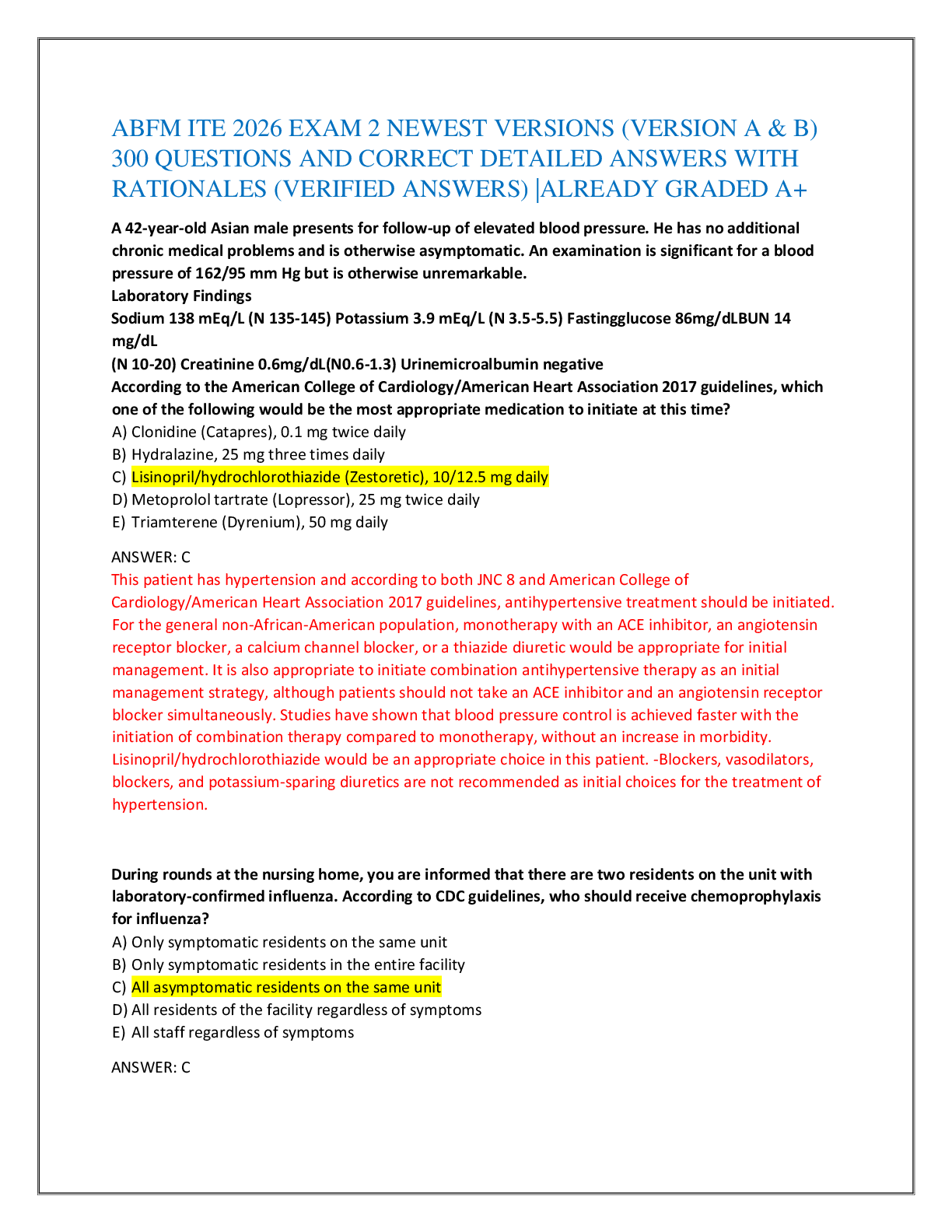 ABFM ITE 2026 EXAM 2 NEWEST VERSIONS (VERSION A & B)   300 QUESTIONS AND CORRECT DETAILED ANSWERS WITH  RATIONALES (VERIFIED ANSWERS) |ALREADY GRADED A+