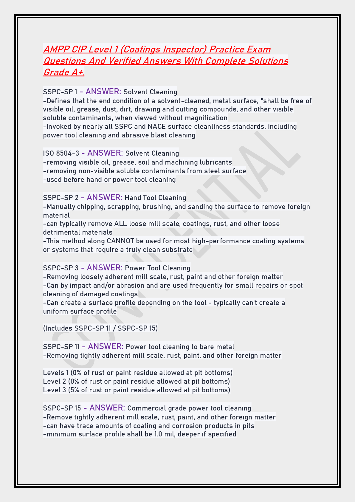 Recommended document preview for AMPP CIP Level 1 (Coatings Inspector) Practice Exam Questions And Verified Answers With Complete Solutions Grade A+.