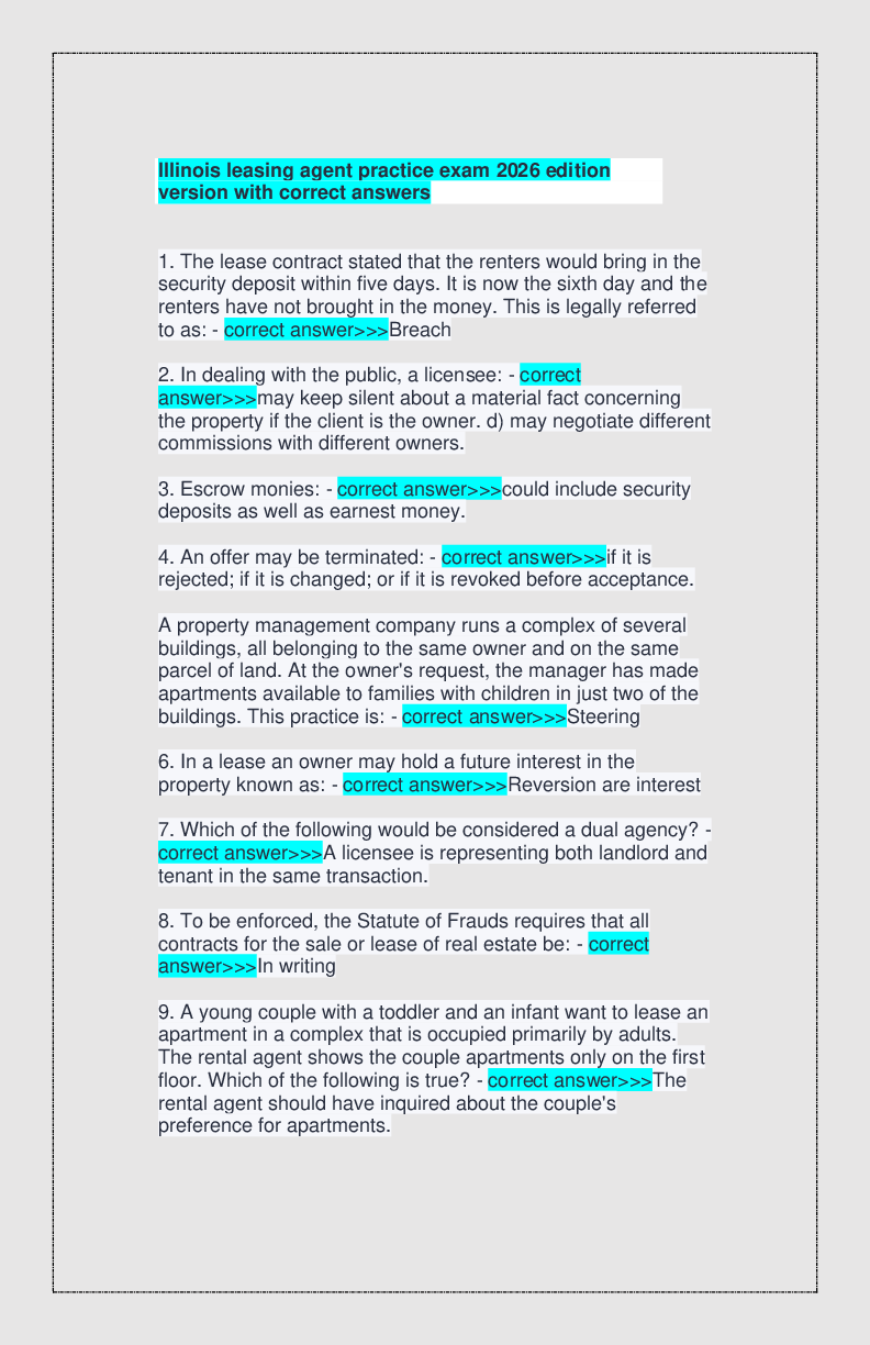 Recommended document preview for Illinois leasing agent practice exam 2026 edition version with correct answers