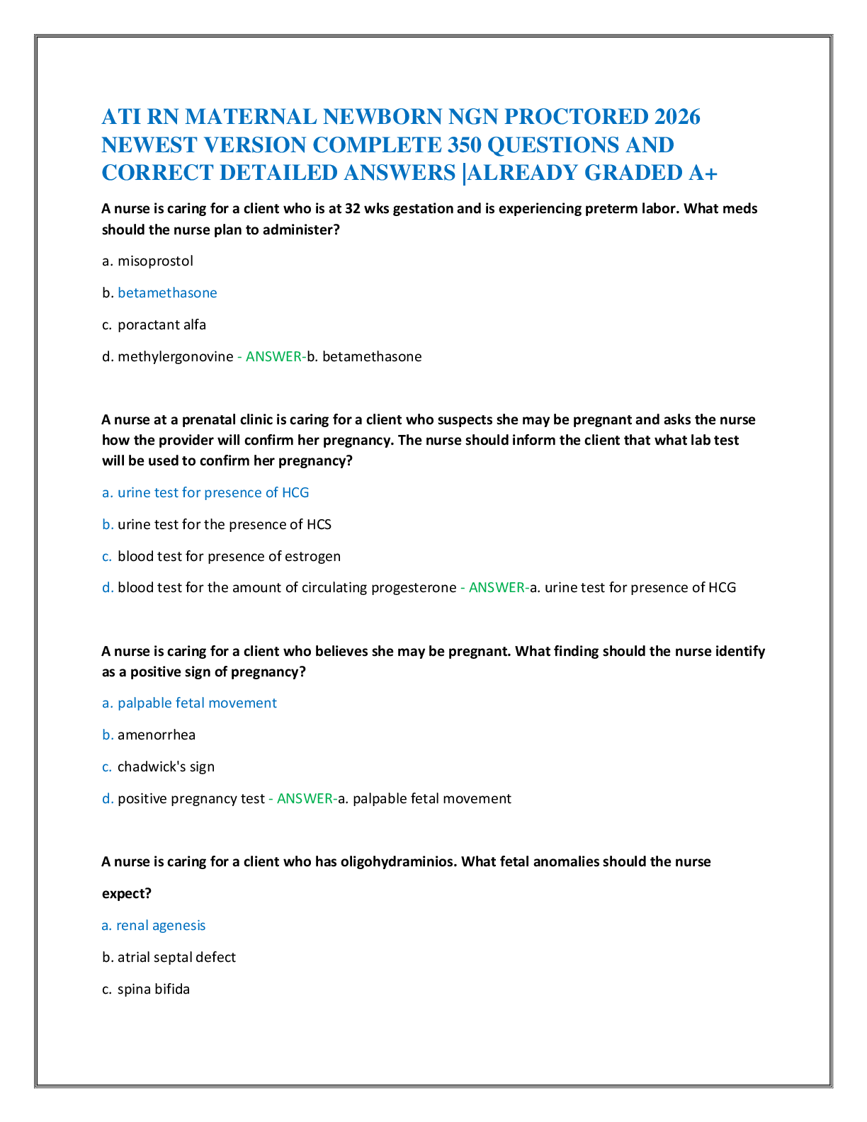 Recommended document preview for ATI RN MATERNAL NEWBORN NGN PROCTORED 2026   NEWEST VERSION COMPLETE 350 QUESTIONS AND   CORRECT DETAILED ANSWERS |ALREADY GRADED A
